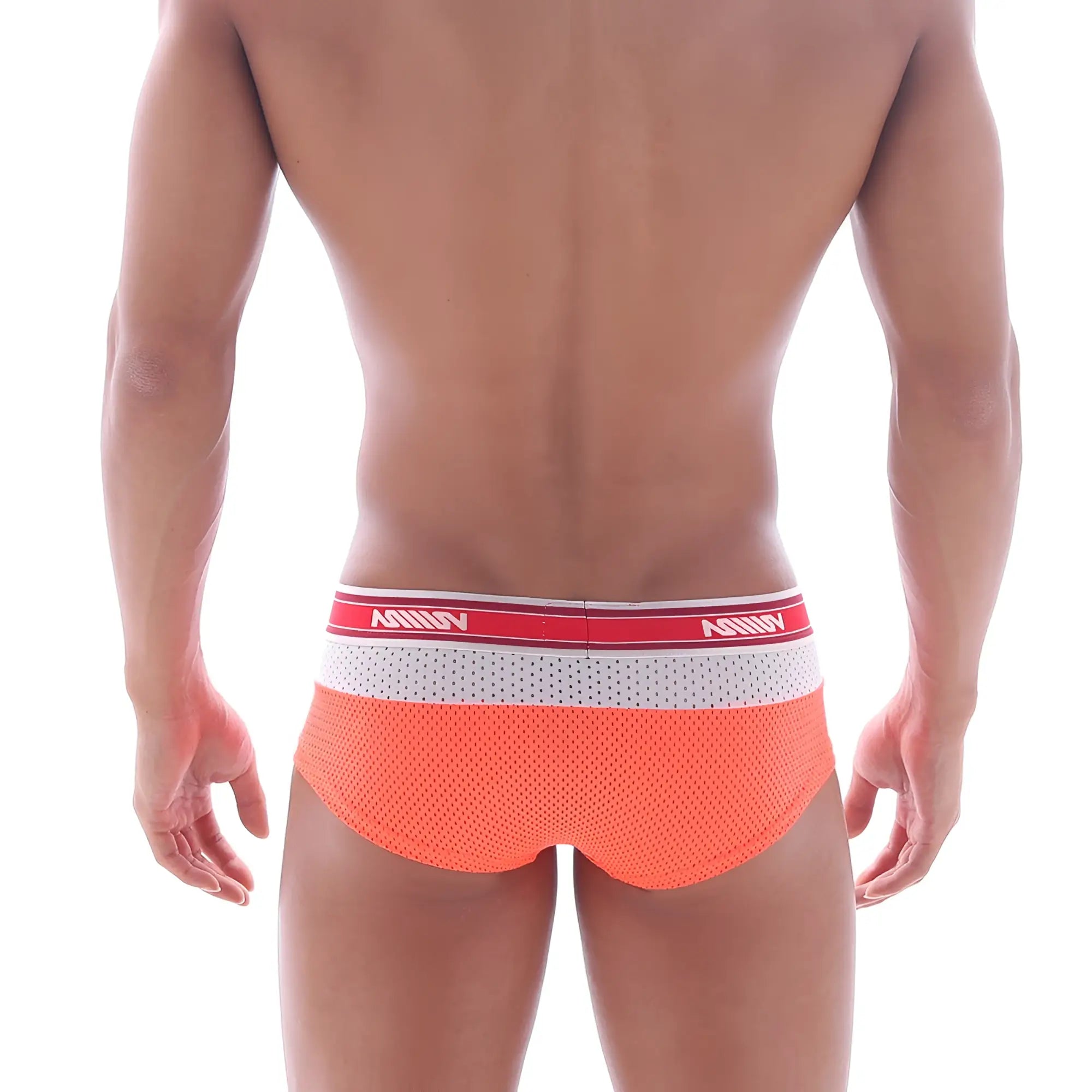 Orange mesh briefs with a red and white amiri waistband from MetroMaleWear triple boxer neon orange 2913-24