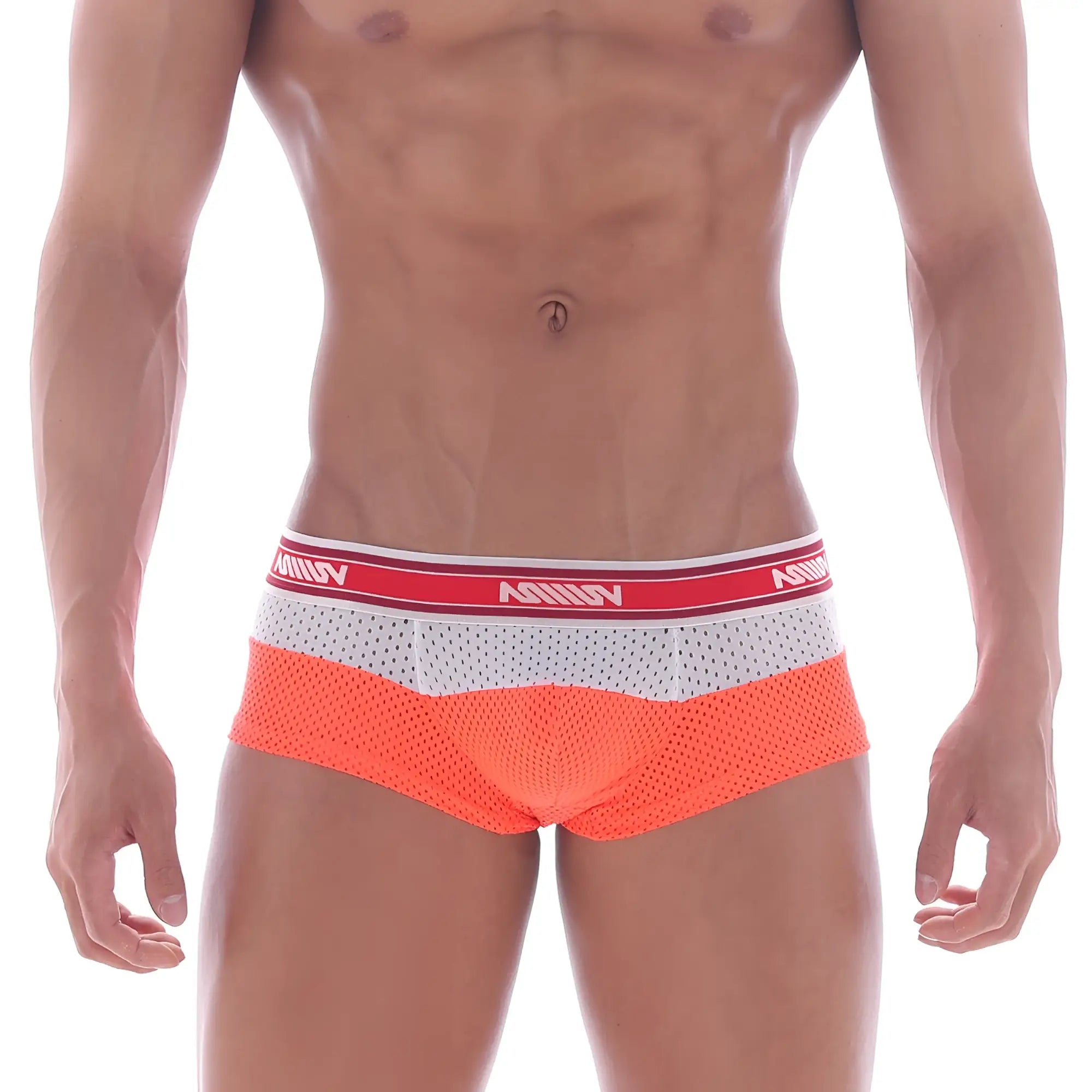 Orange mesh briefs with white perforated panel and red vanity waistband from MetroMaleWear triple boxer 2913-24