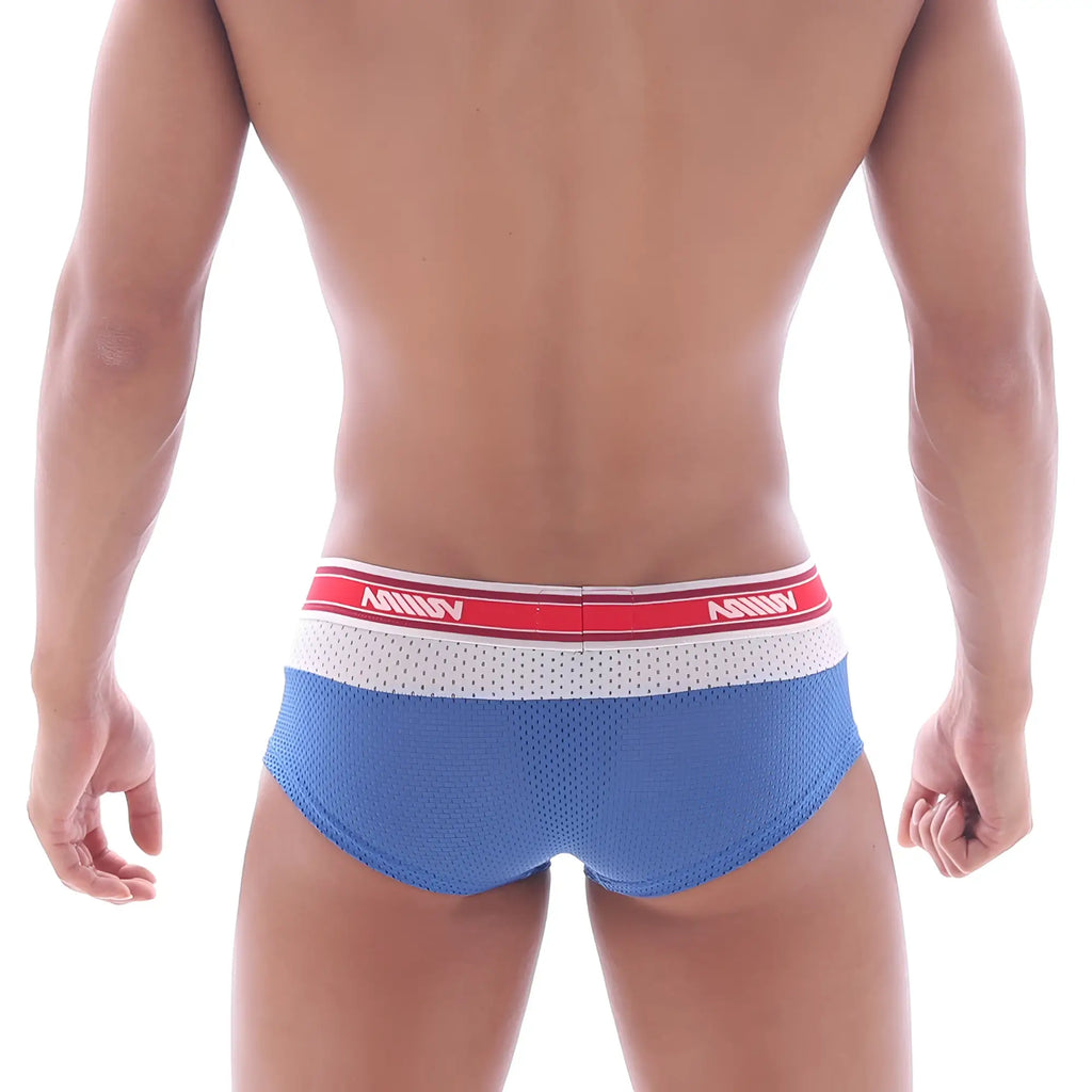 Blue mesh briefs with a red and white ashny elastic waistband metro male wear triple boxer royal blue 2913-18