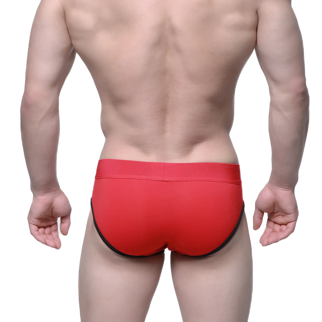 Red metro malewear triple x hip brief 8003-12 with black trim featuring a comfortable stretch fabric design