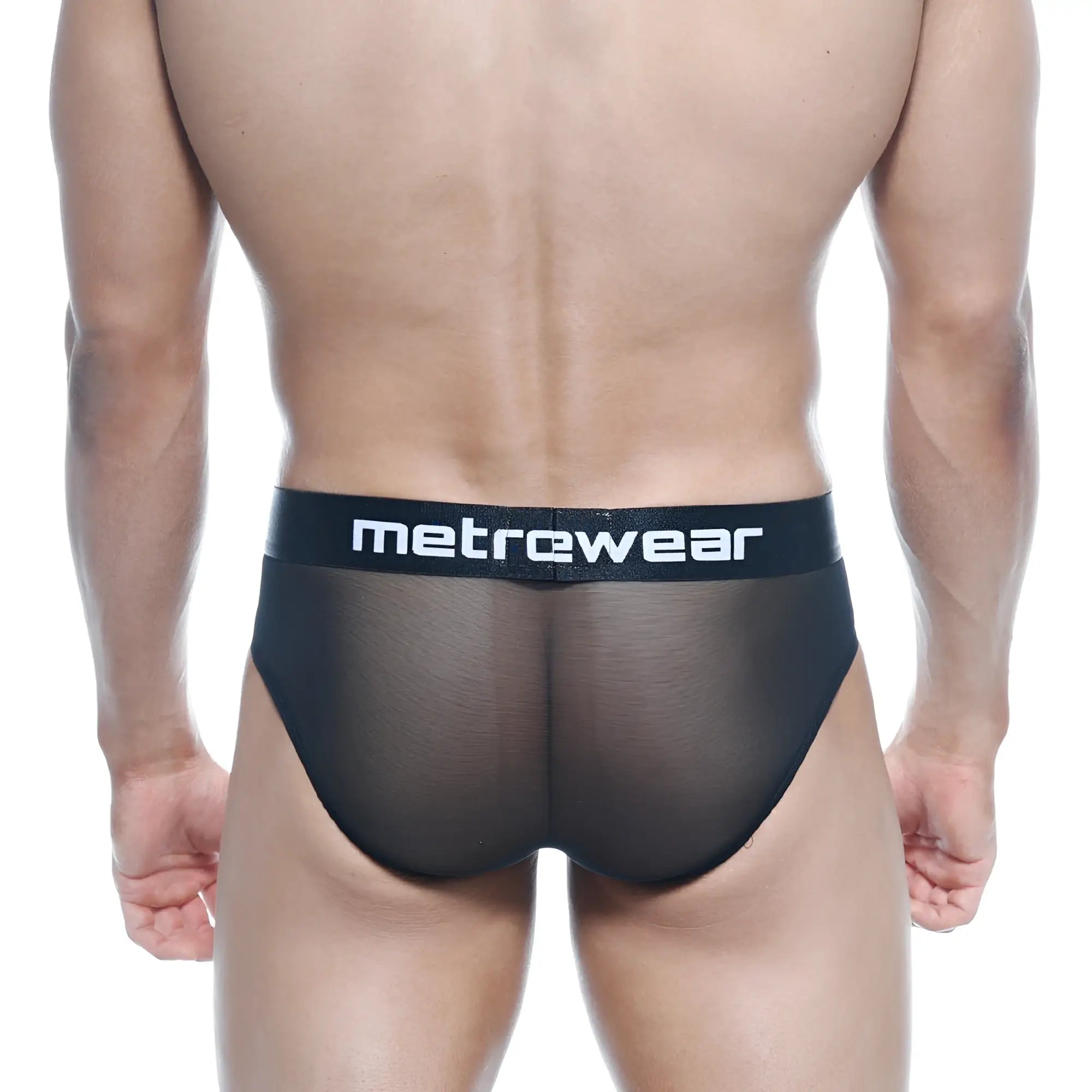 Black mesh metroMaleWear tron hip brief with a solid black waistband featuring the metrewear logo in white lettering