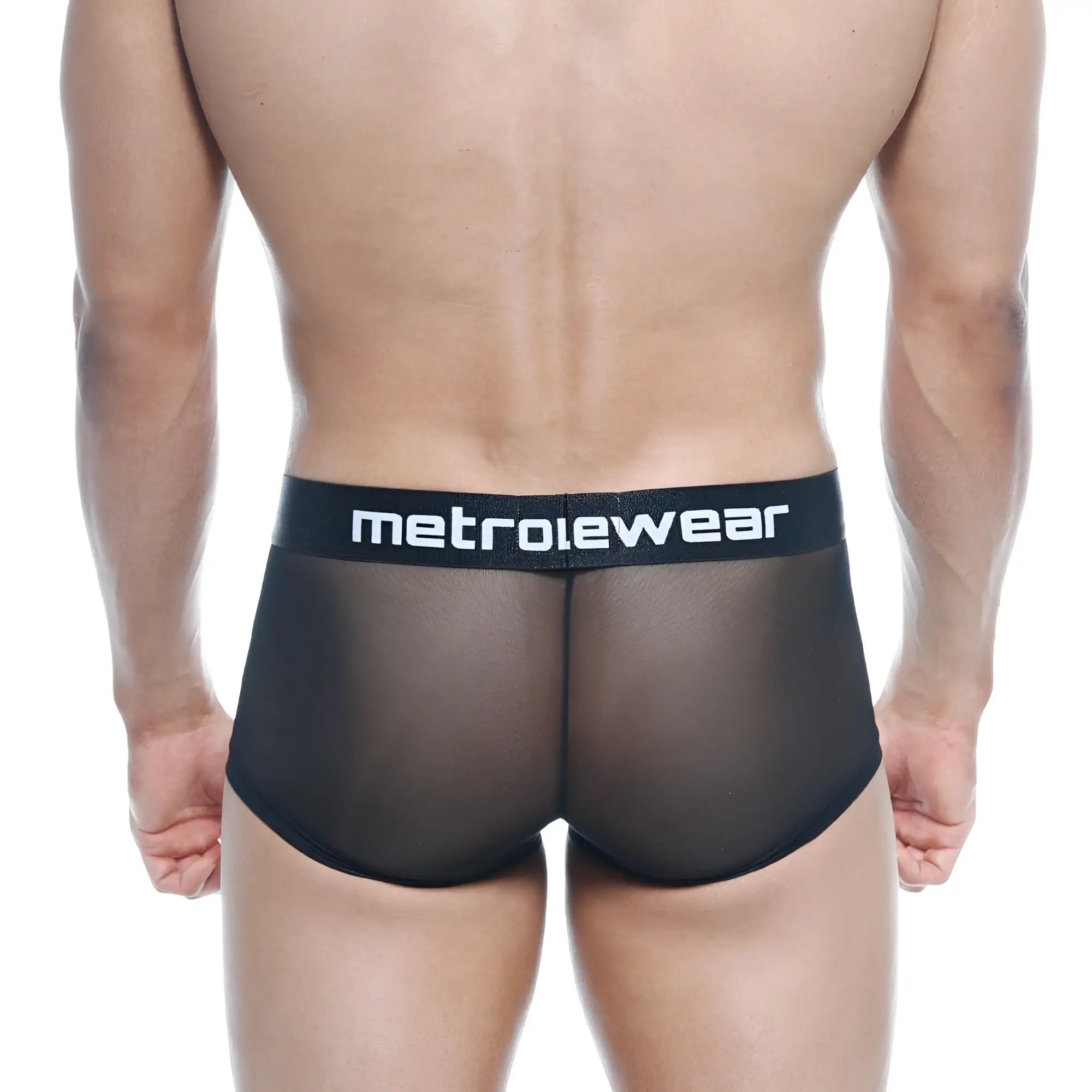 Black mesh briefs with a solid black waistband featuring the metrowear logo from metro malewear tron trunk 2026-70
