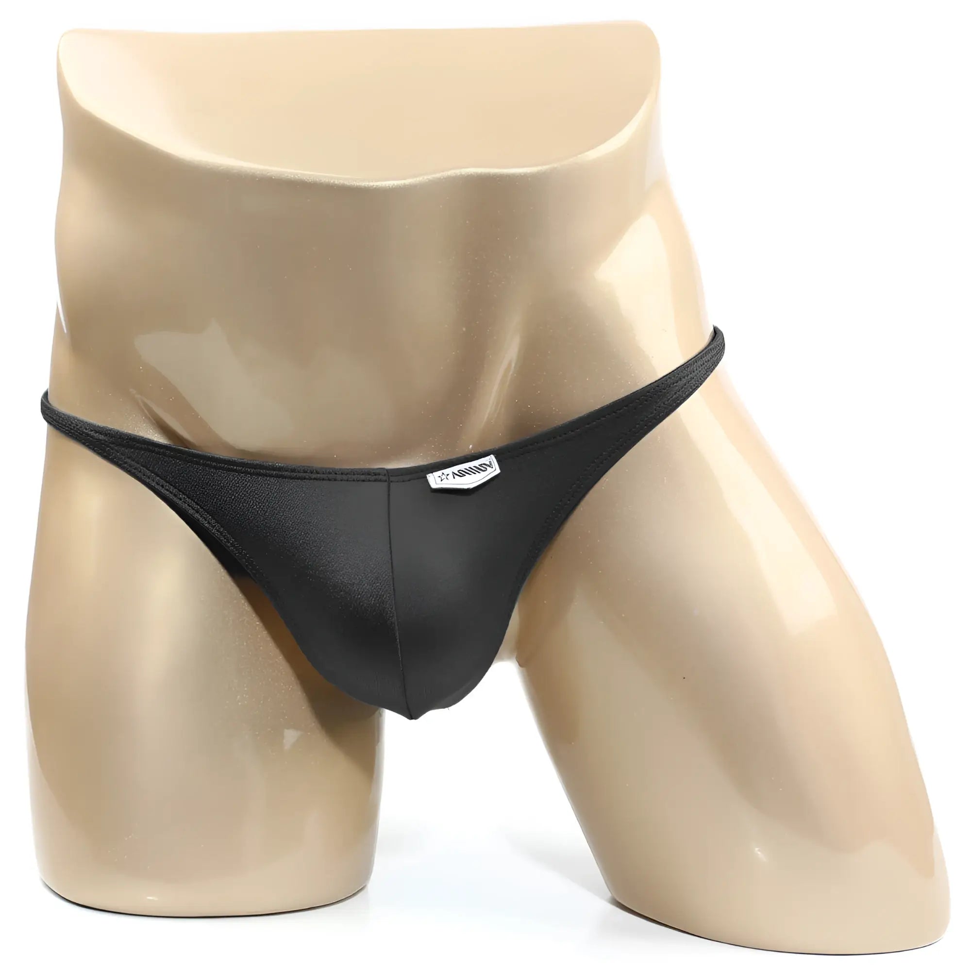 Black sleek minimalist thong with subtle MetroMaleWear brand tag at front in TROZO BIKINI BLACK 6126-20 style