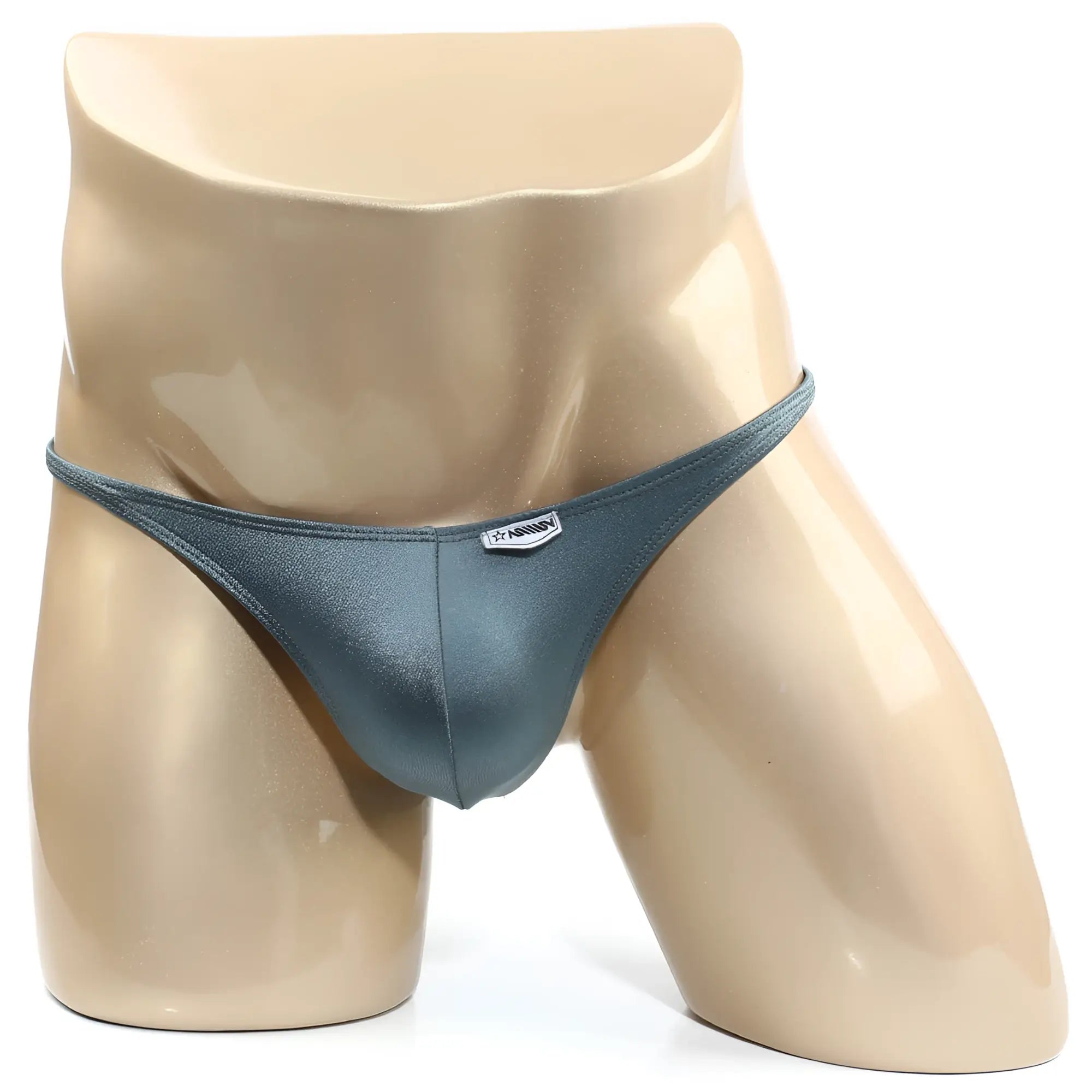 A sleek dark teal satin MetroMaleWear TROZO bikini thong with a subtle sheen and silver logo tag at center front