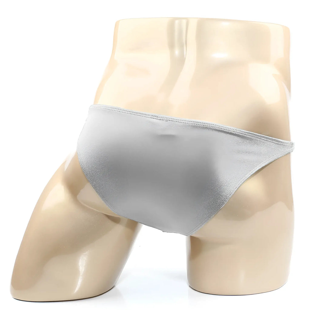 Silver metallic TROZO bikini briefs by MetroMaleWear with smooth shiny fabric and sleek design