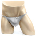 Silver metallic thong bikini by metromalewear featuring a small rectangular brand tag on the front