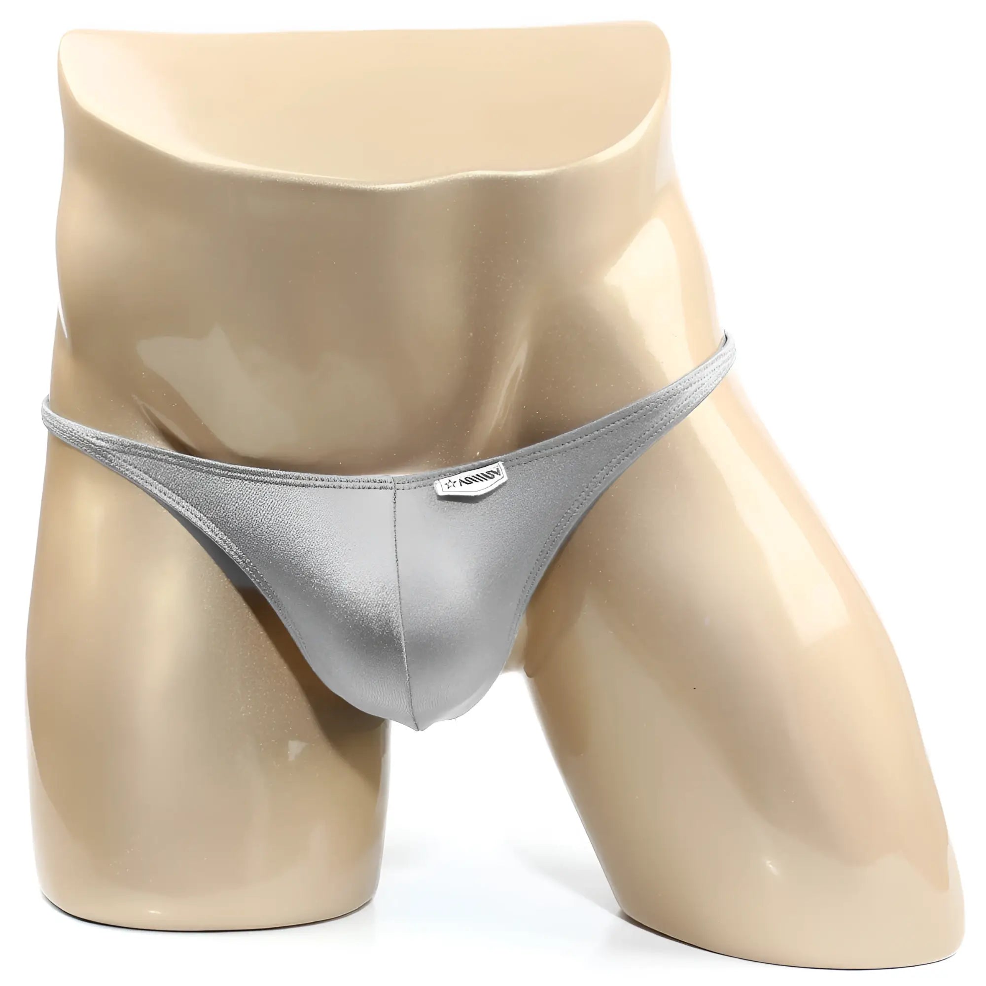 Silver metallic thong bikini by metromalewear featuring a small rectangular brand tag on the front