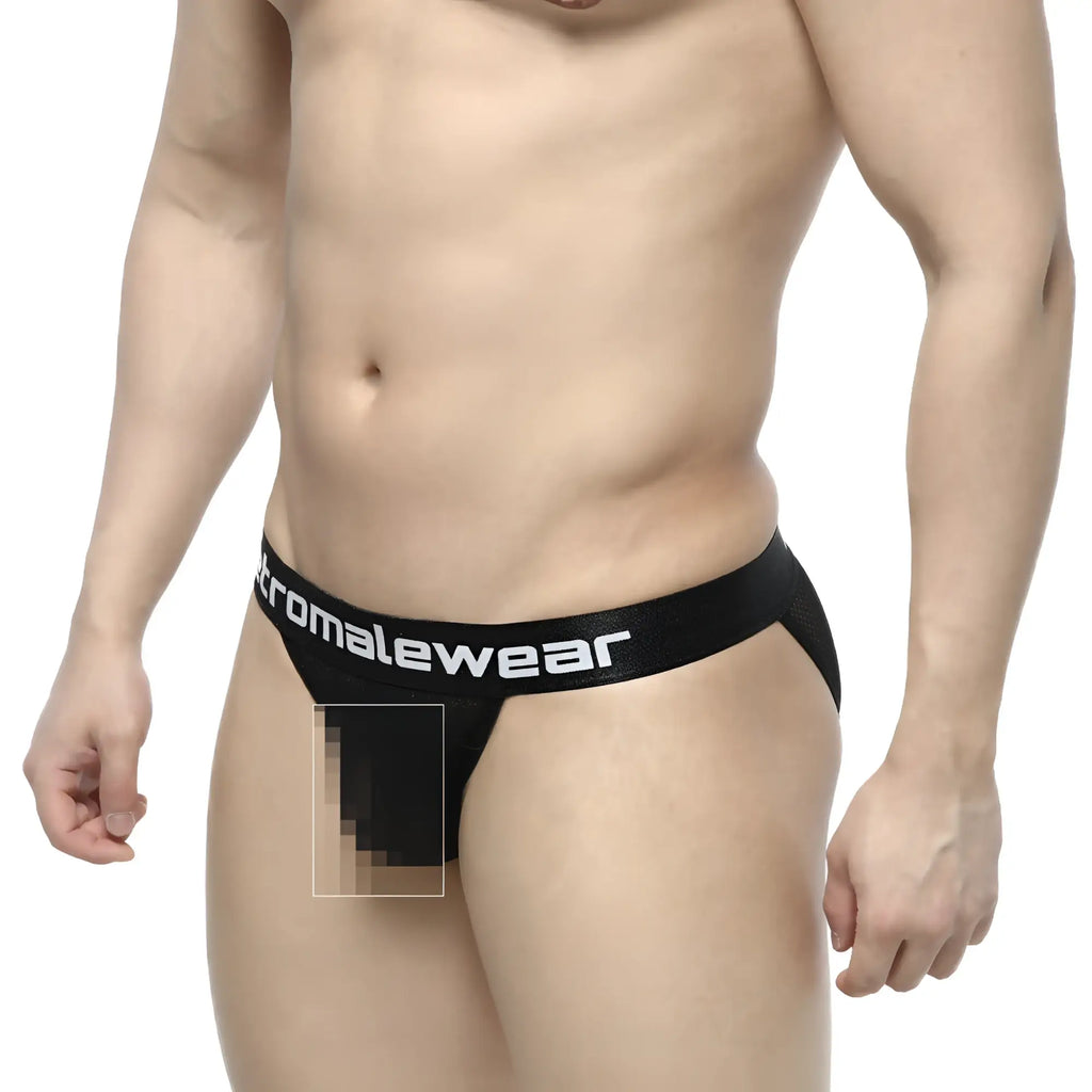 Black chromalewear thong with mesh panel and white branding on waistband by MetroMaleWear Tull Bikini 3004-31 back view