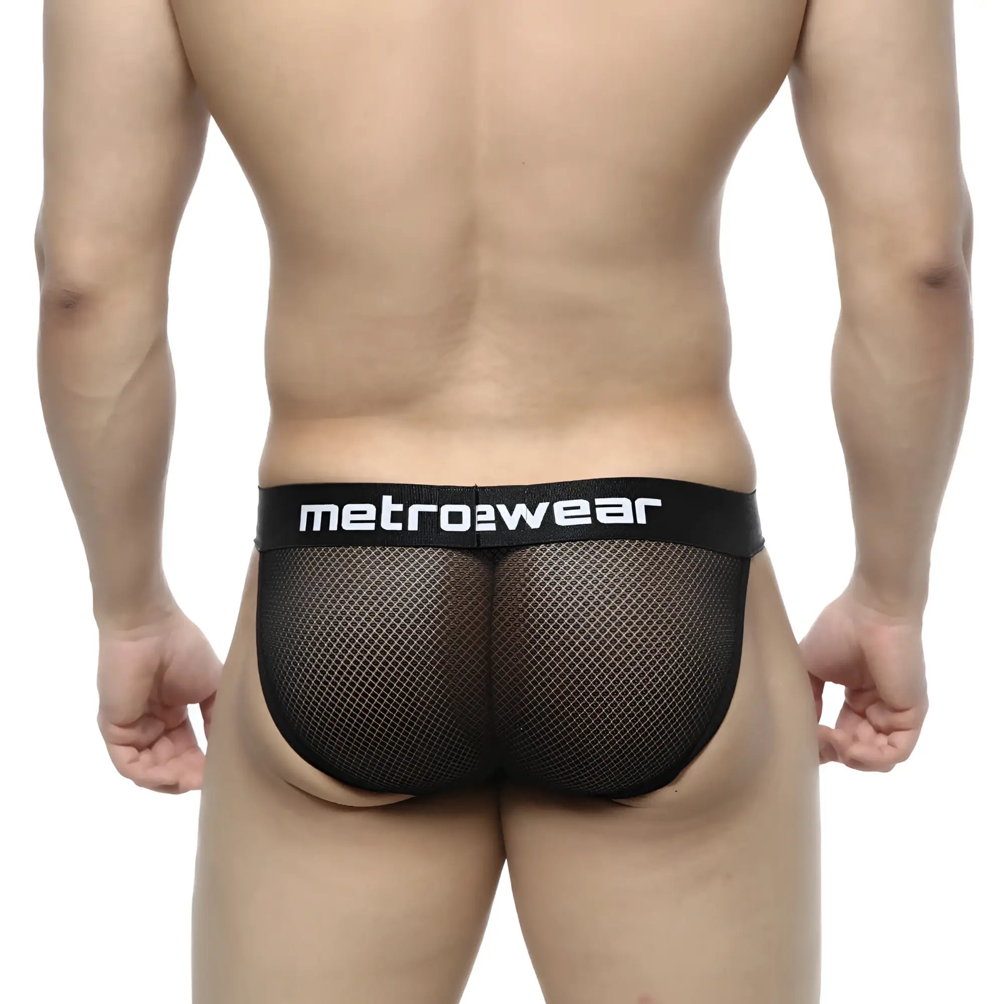 Black mesh briefs with black elastic waistband featuring metro2wear logo from metromalewear tull bikini 3004-31 collection