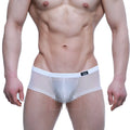White mesh briefs with solid white waistband and small black logo on left side metro male wear tull blanco trunk 2125 68