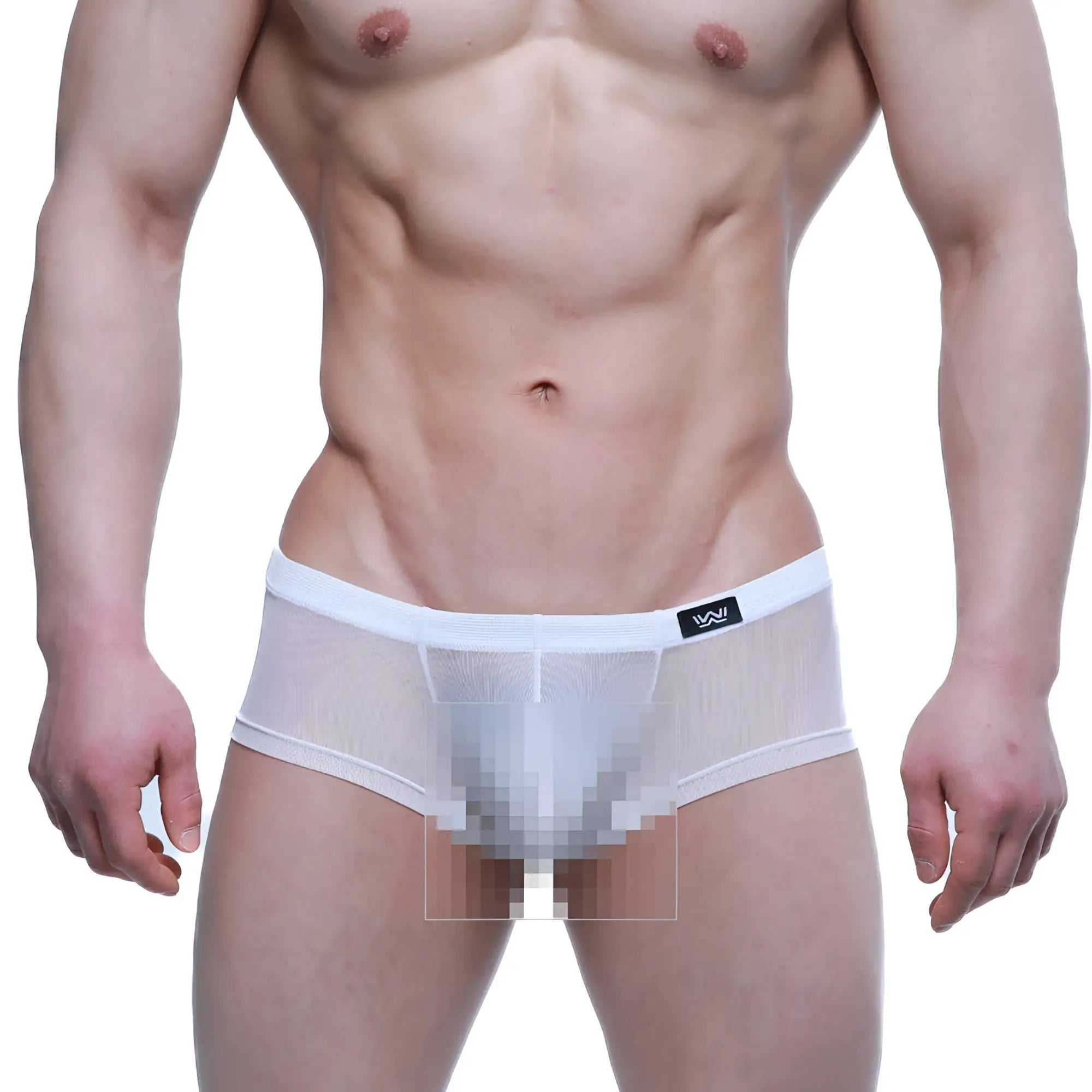 White mesh briefs with solid white waistband and small black logo on left side metro male wear tull blanco trunk 2125 68
