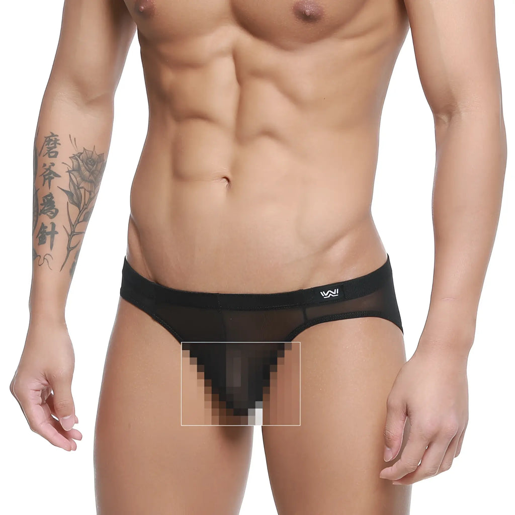 MetroMaleWear Tull negro bikini 5103-M70 black sheer mesh briefs with solid waistband and small white logo