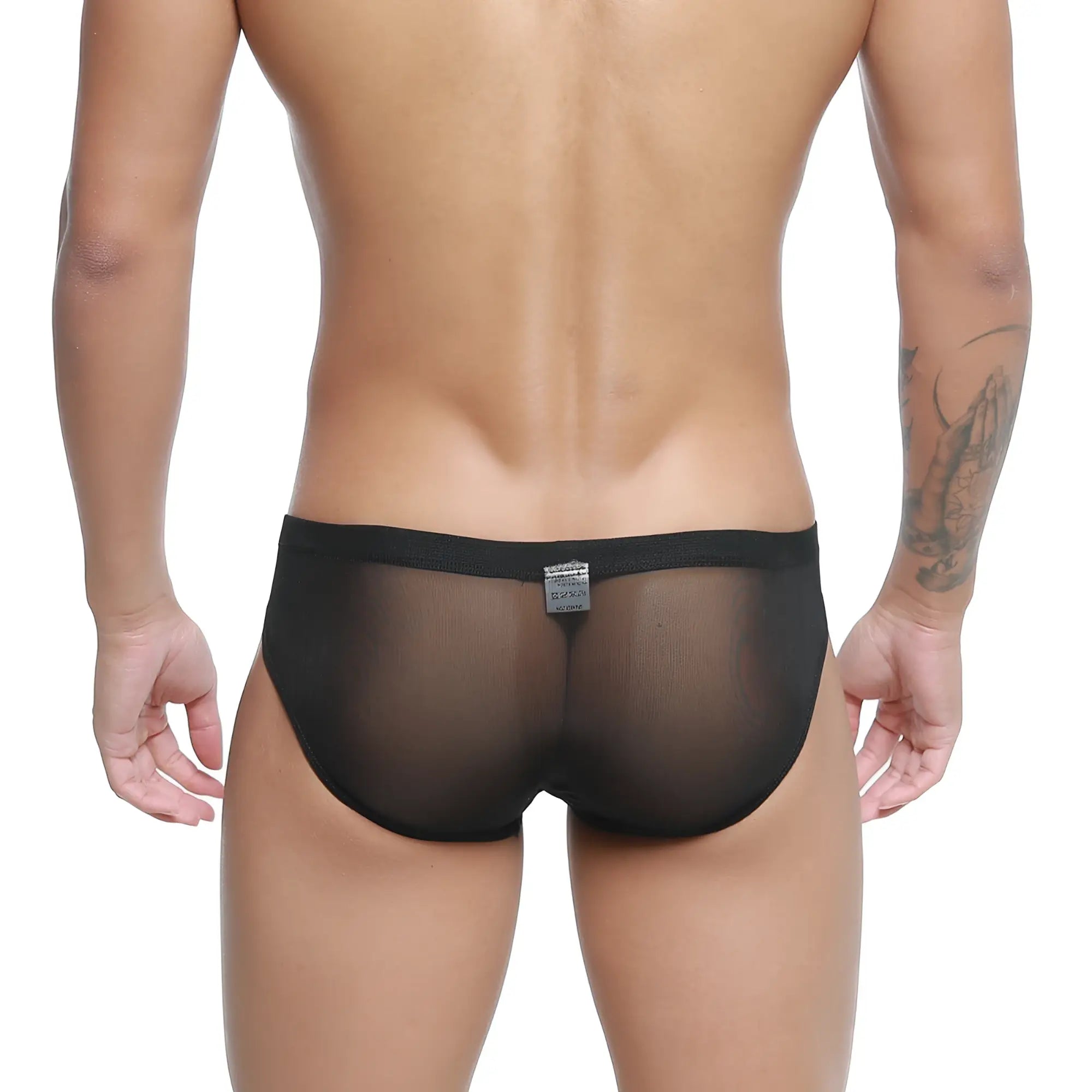 Metro male wear tull negro bikini 5103-m70 black sheer mesh briefs with solid black waistband front view