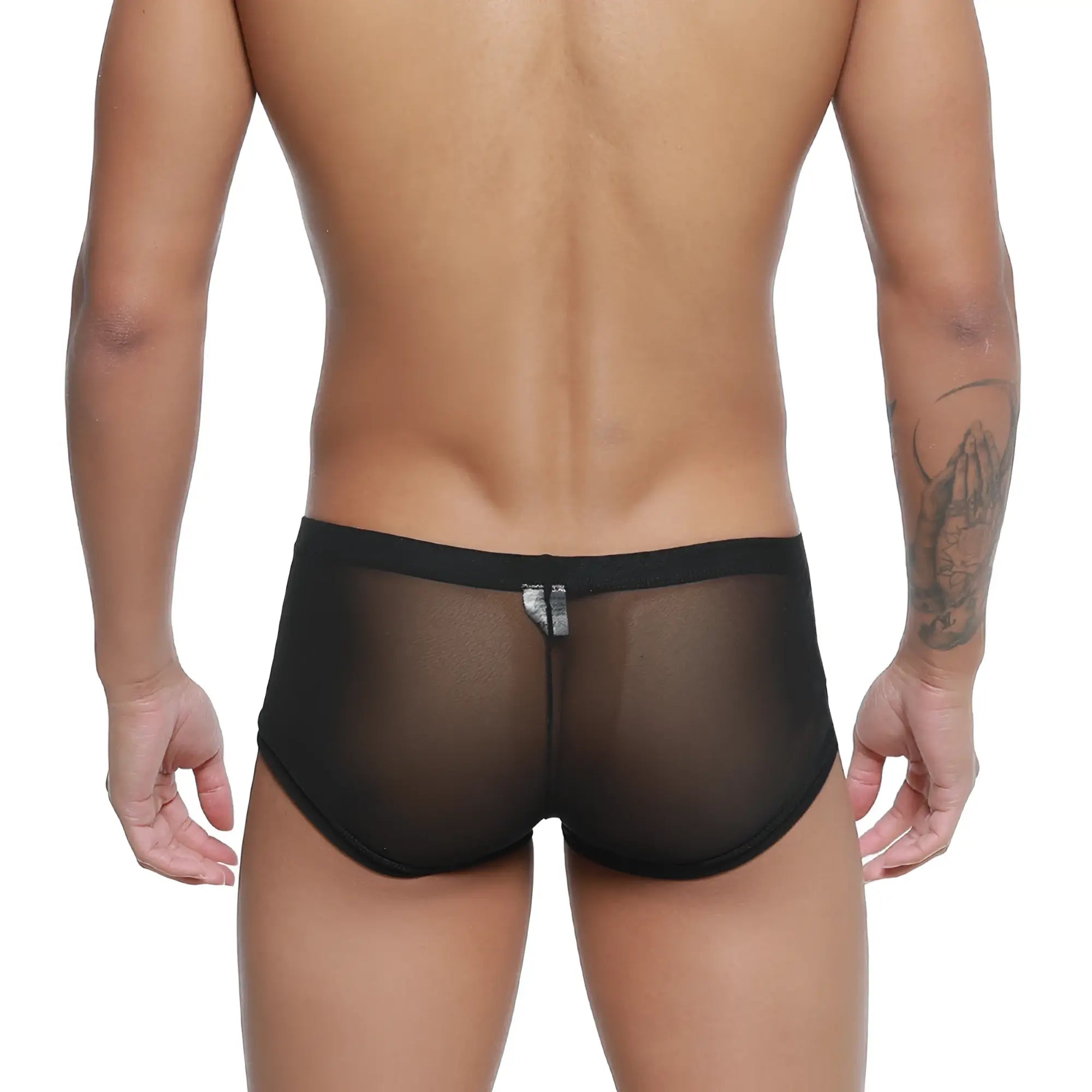 Black sheer mesh briefs with a solid black waistband from metromalewear tull negro trunk 2125-70