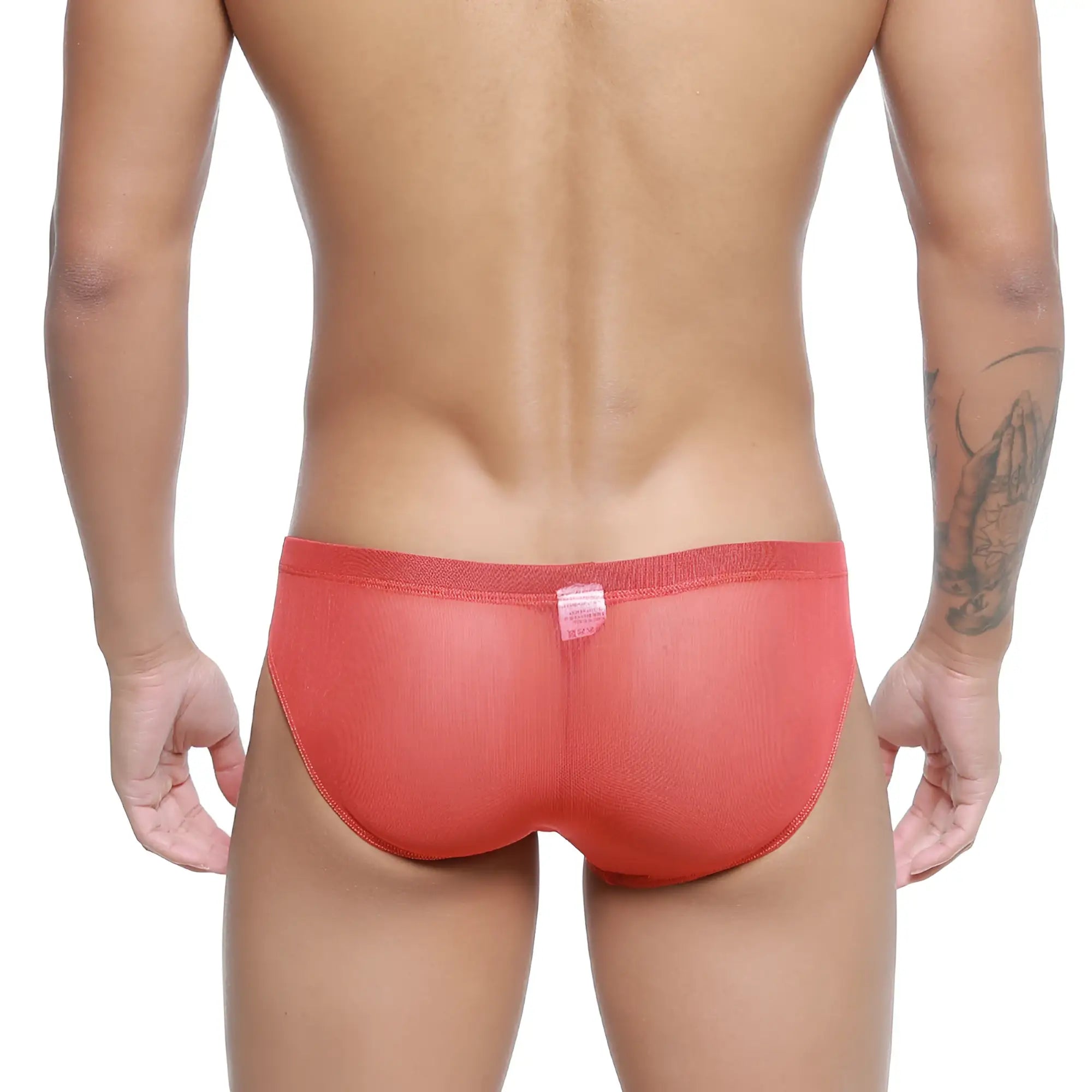 Coral-colored sheer mesh briefs with textured fabric and elastic waistband metro male wear tull rojo bikini 5103-m13
