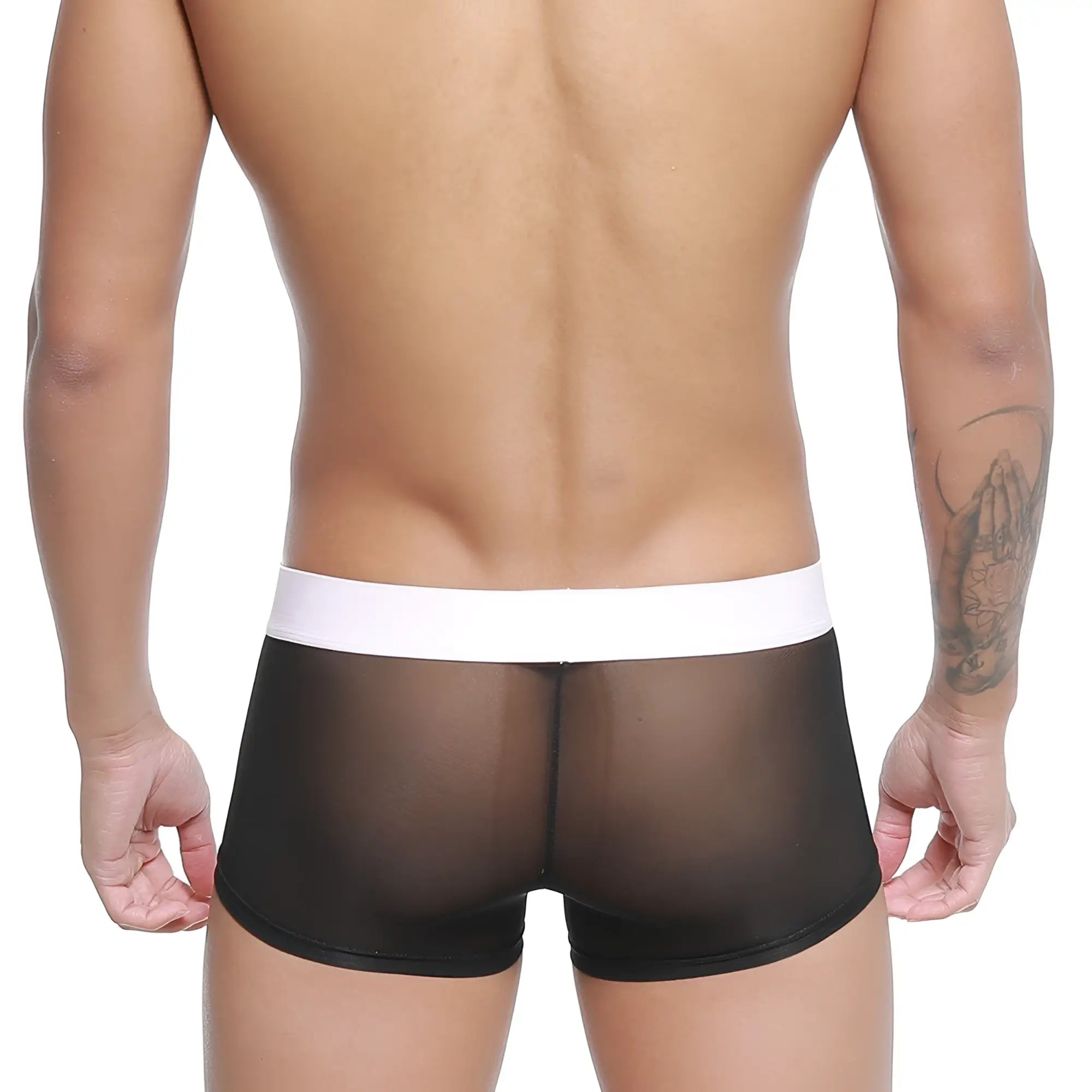 MetroMaleWear Tull Trunk 2026-19 black sheer mesh briefs with white elastic waistband front view