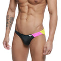 MetroMaleWear TXM bikini black swim trunks with neon pink and yellow accent stripe for stylish beachwear