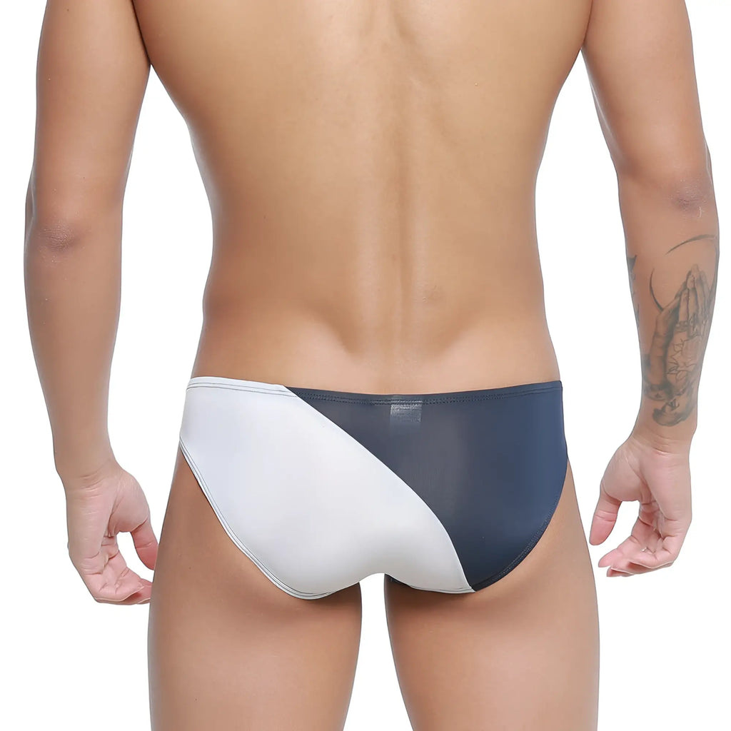 Metro malewear txm bikini dark blue swim trunks in white and navy blue with mesh panel design