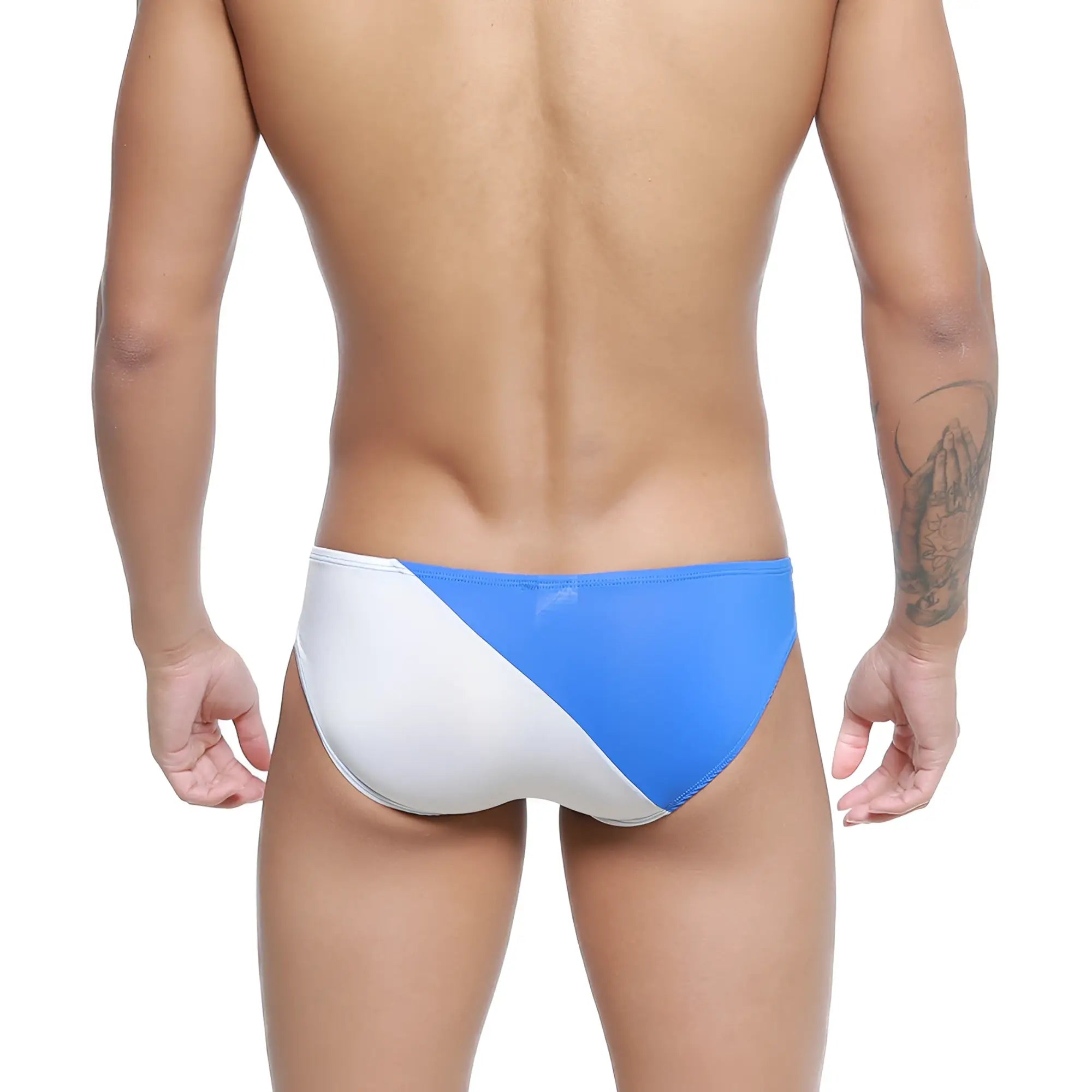MetroMalewear TXM bikini royal blue swim trunks in blue and white two-tone with a sleek modern design