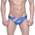 Metro male wear ultimo bikini royal blue athletic swim trunks in blue and gray with white logo for swimming and sports
