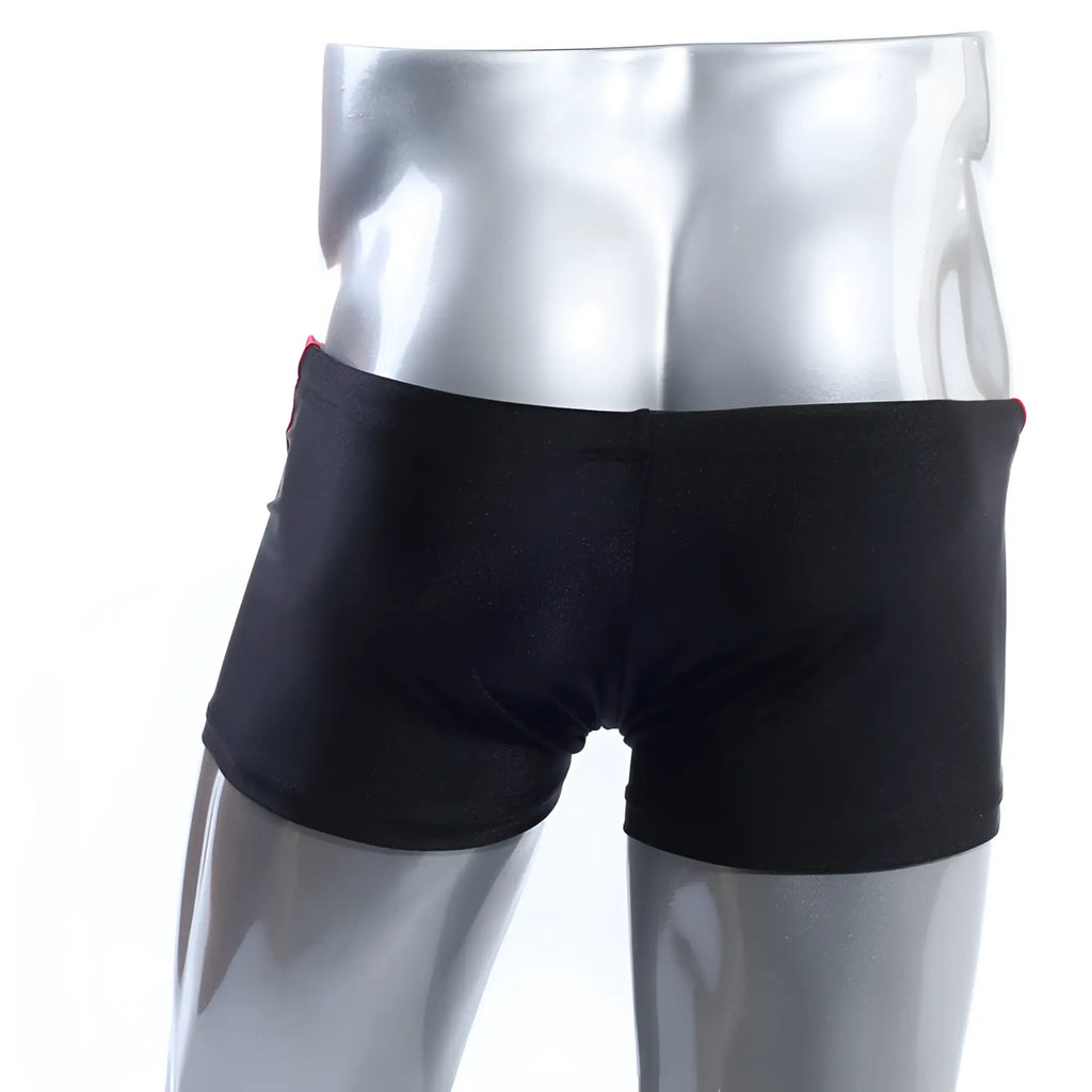 MetroMaleWear ultra square cut black swim trunks with red side trim designed for comfortable swimwear use
