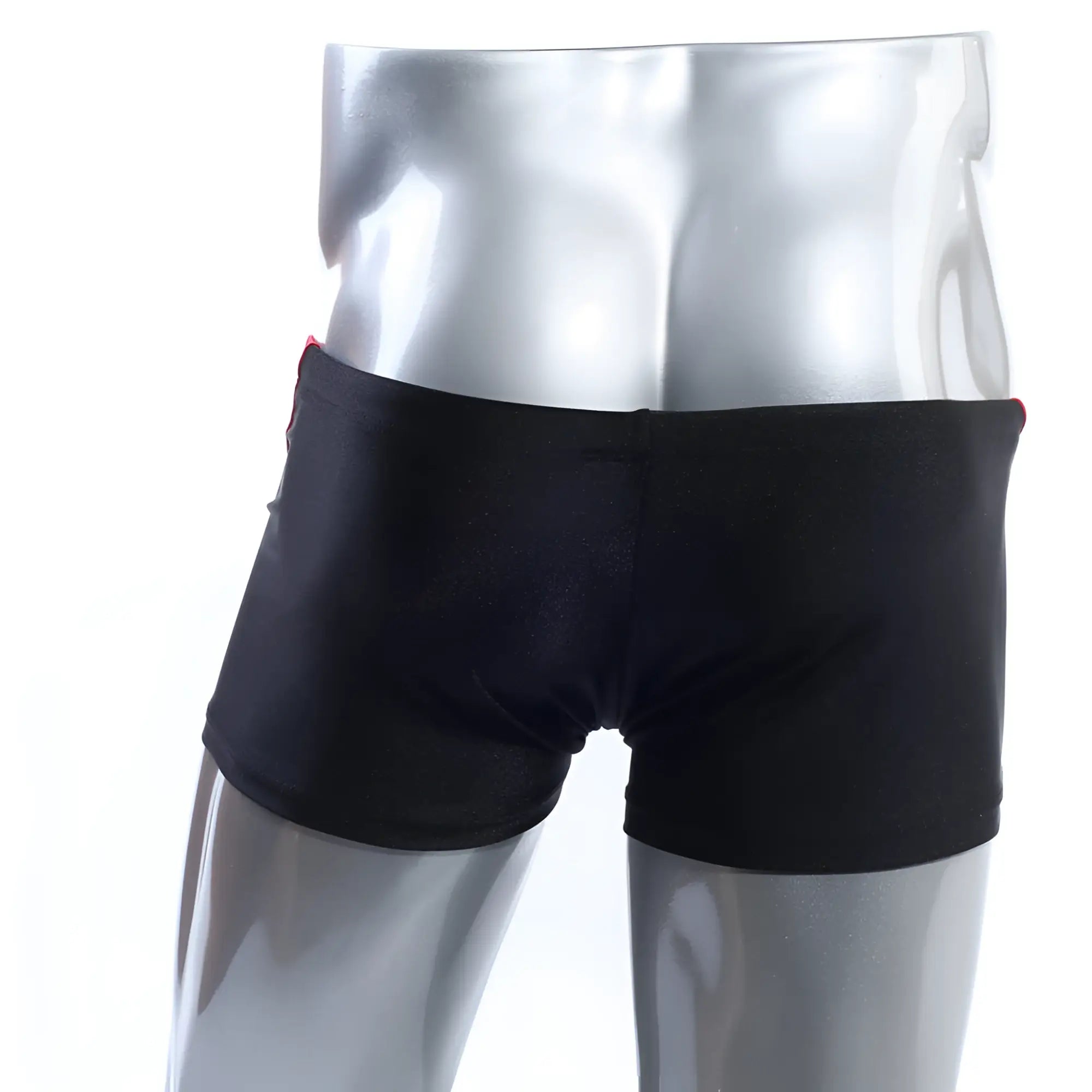 MetroMaleWear ultra square cut black swim trunks with red side trim designed for comfortable swimwear use