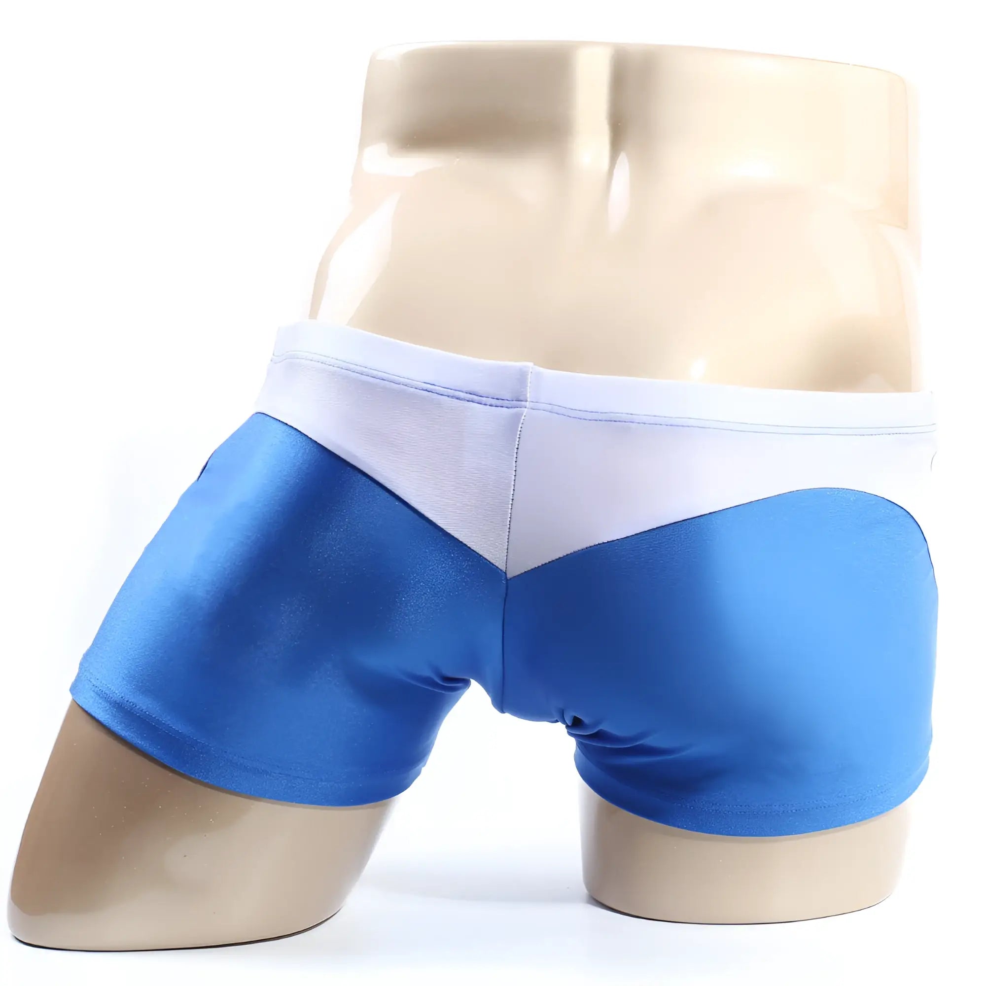 Blue and white metro malewear ultra square cut men’s briefs made from shiny stretchy fabric for comfortable wear