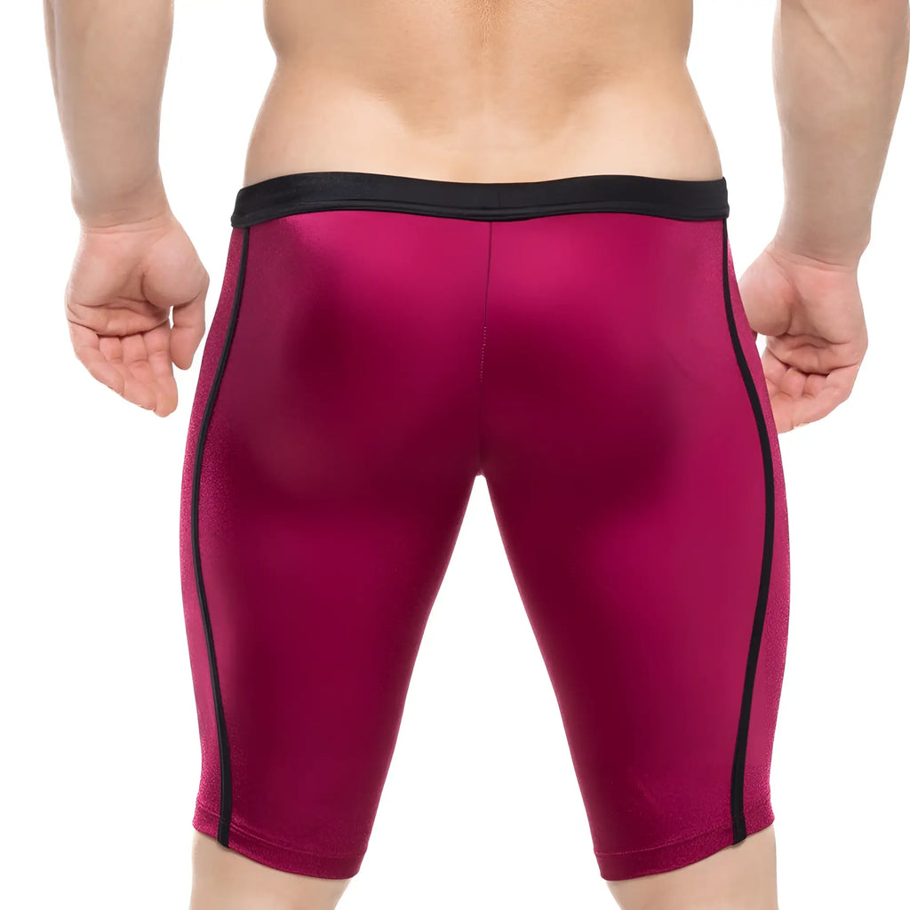 Fuchsia form-fitting athletic shorts with black side stripes and matching waistband from metromalewear university biker burgundy 4020-29