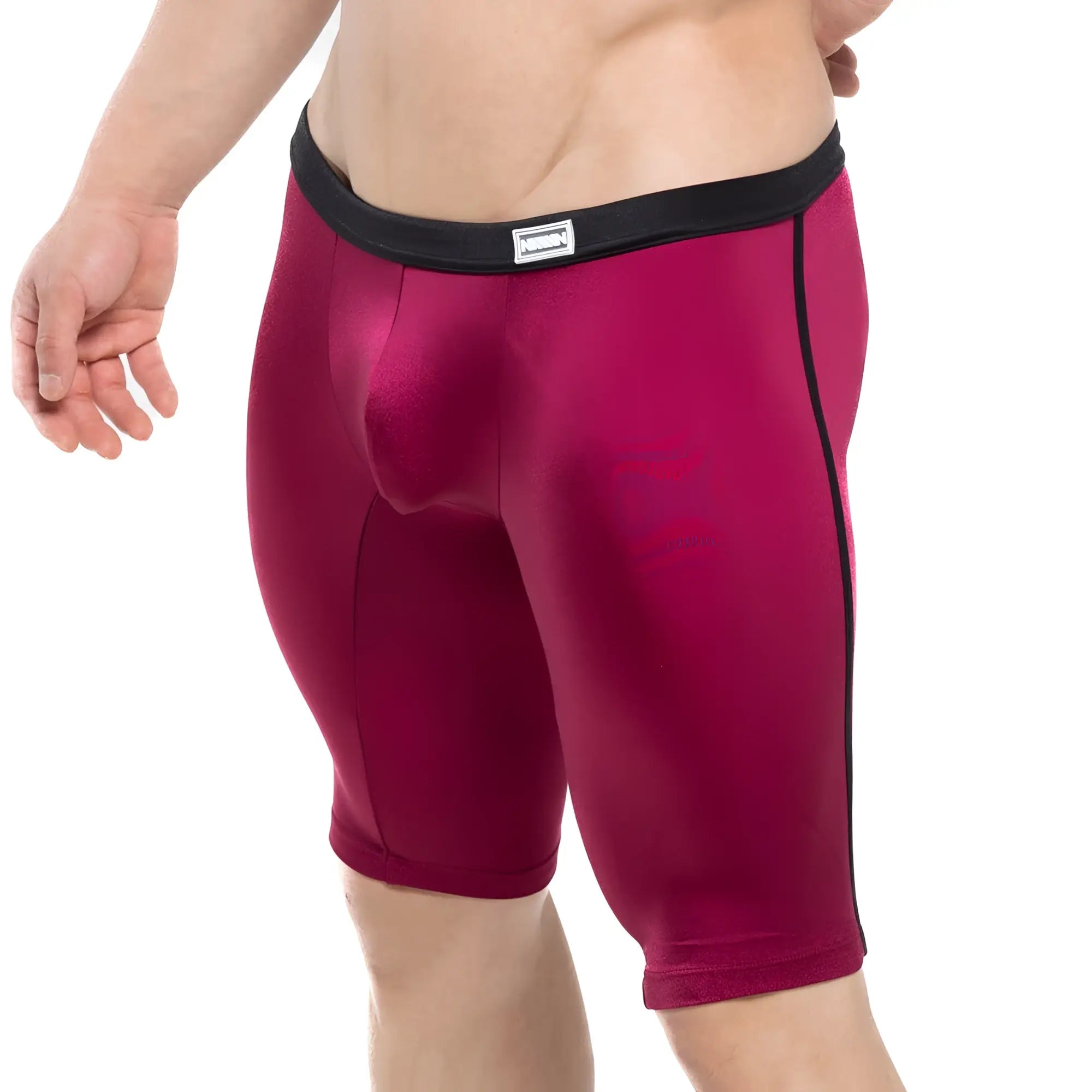 Maroon MetroMaleWear University biker shorts with black elastic waistband and side seam trim