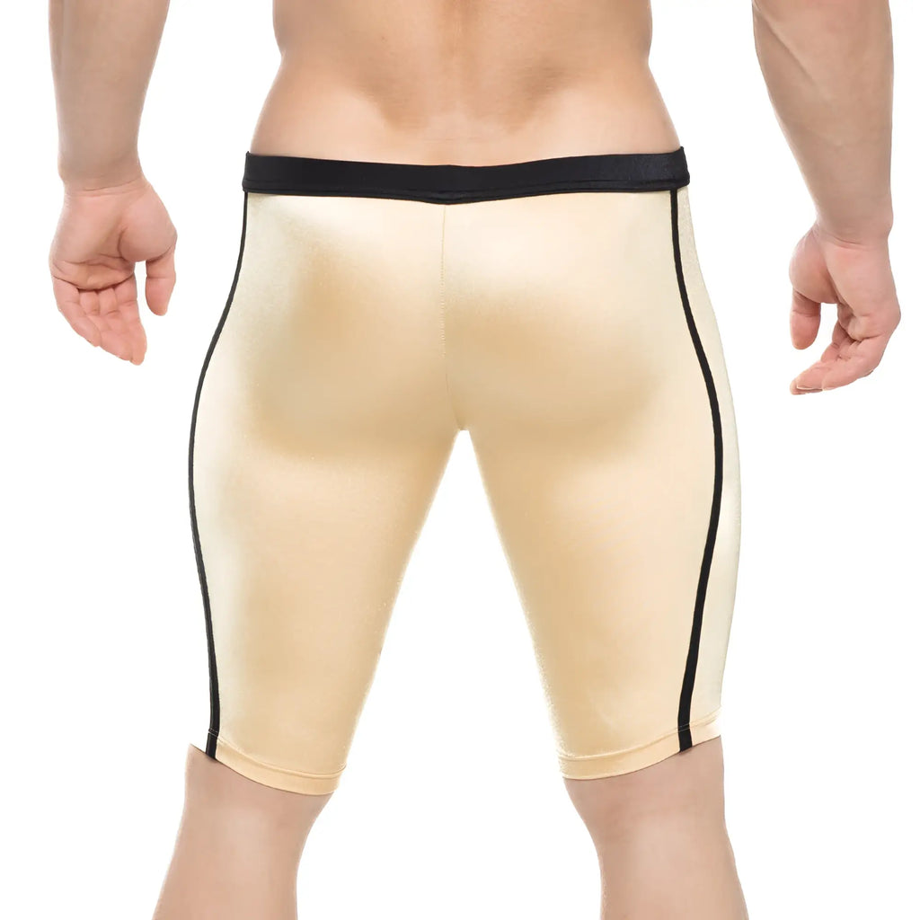 Beige metallic athletic shorts with black trim along sides and waistband metro male wear university biker gold 4020-21