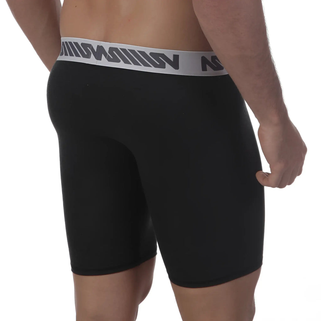 Black mens boxer briefs with gray elastic waistband featuring bold repeating logo pattern metroMalewear Uphole Long Heather