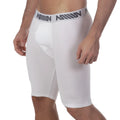 White athletic shorts with gray waistband and million logo in black from metromalewear uphole long boxer 3031-00