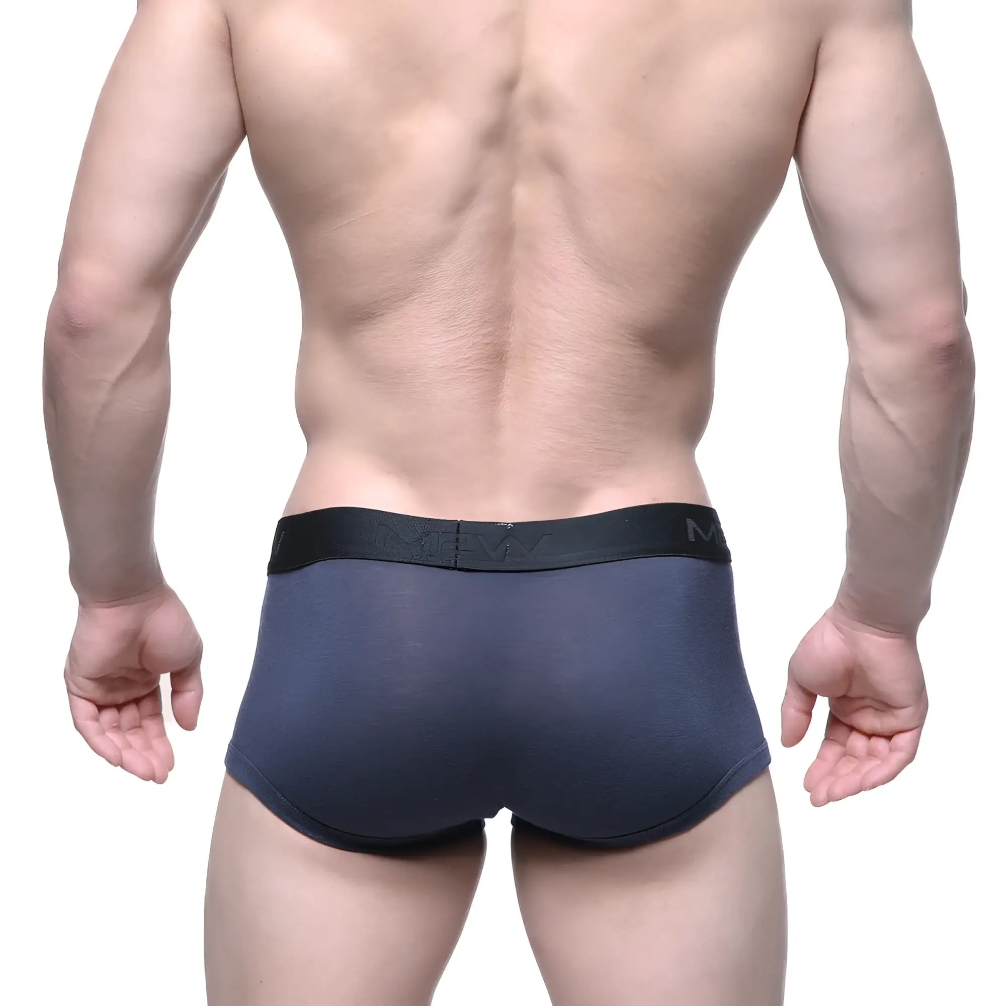 Dark gray MetroMaleWear Uphole short boxer briefs with black elastic waistband featuring the brand logo