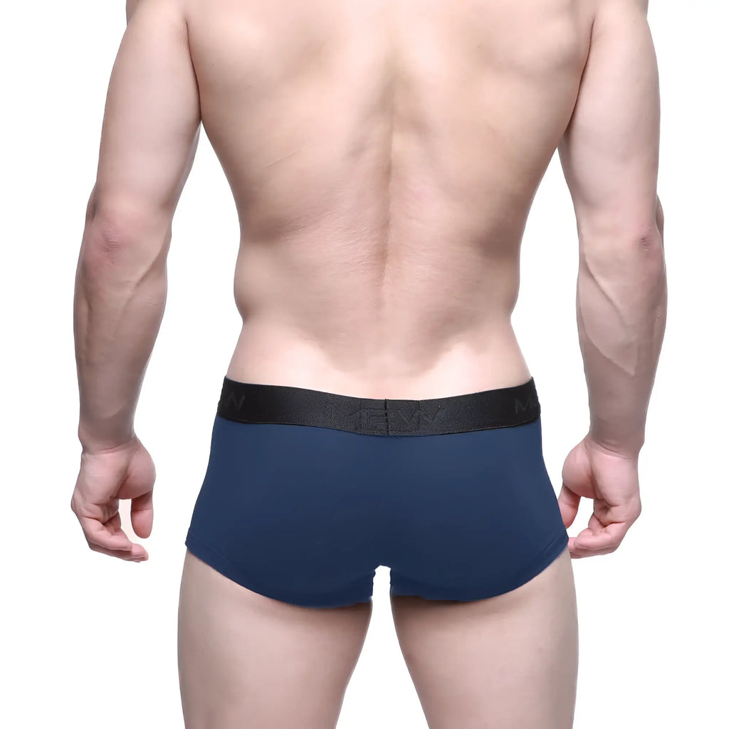 Navy blue men’s briefs with black elastic waistband featuring MetroMaleWear logo in uphold short boxer style