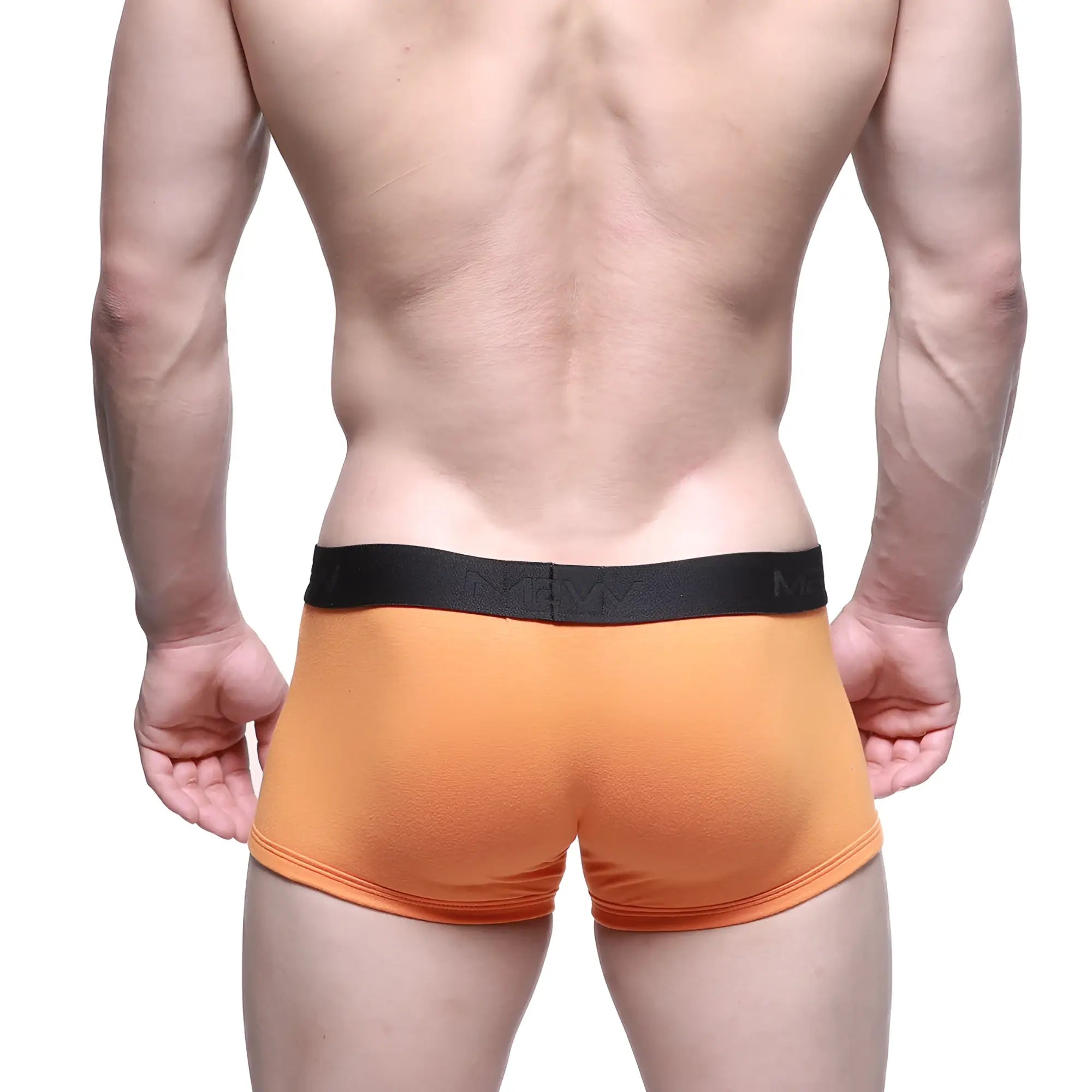 Orange MetroMaleWear Uphole short boxer briefs with black elastic waistband and white men branding on front