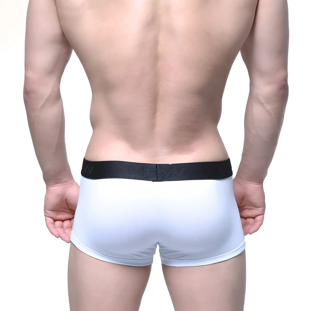 White briefs with a black elastic waistband featuring raised nexy branding from MetroMaleWear Uphole Short Boxer white 3030-00