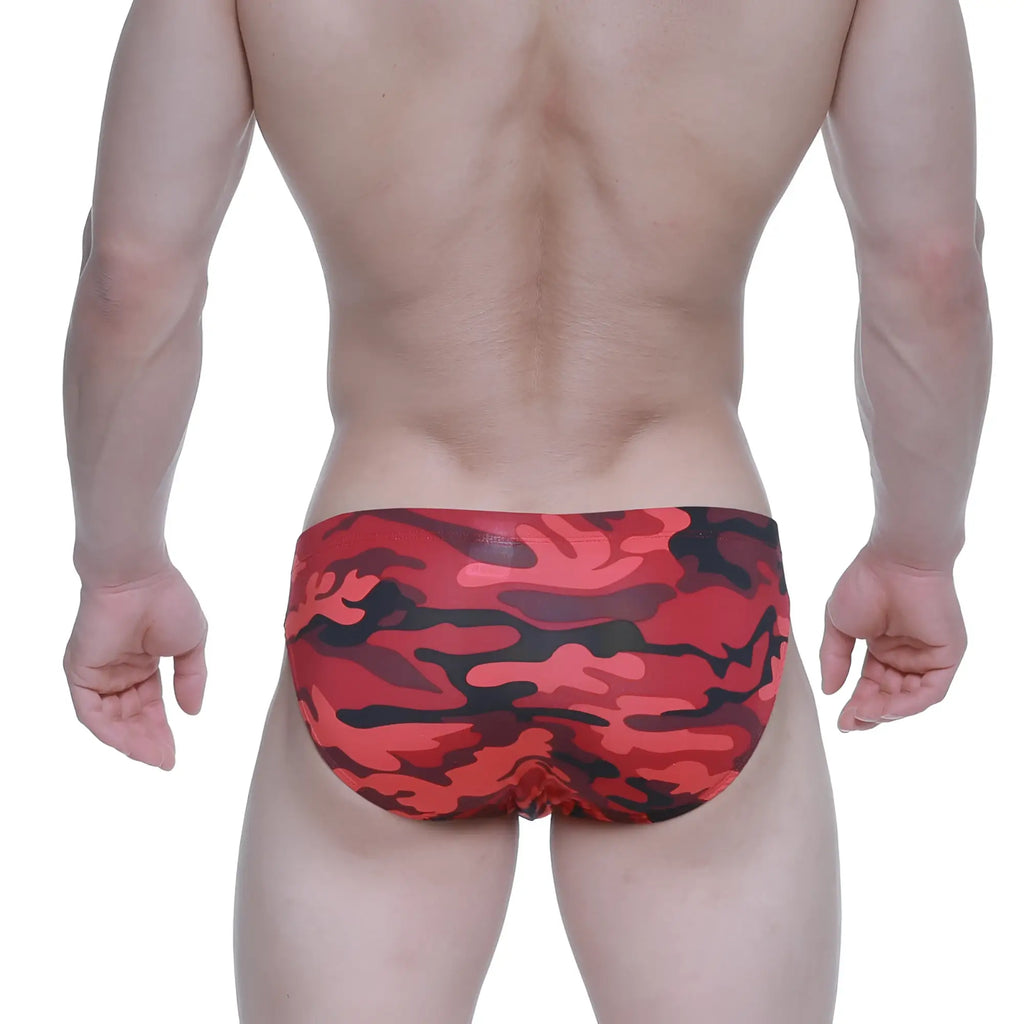 MetroMaleWear urban camo bikini 5103-M90 red and black camouflage swim trunks with lightweight quick-dry fabric
