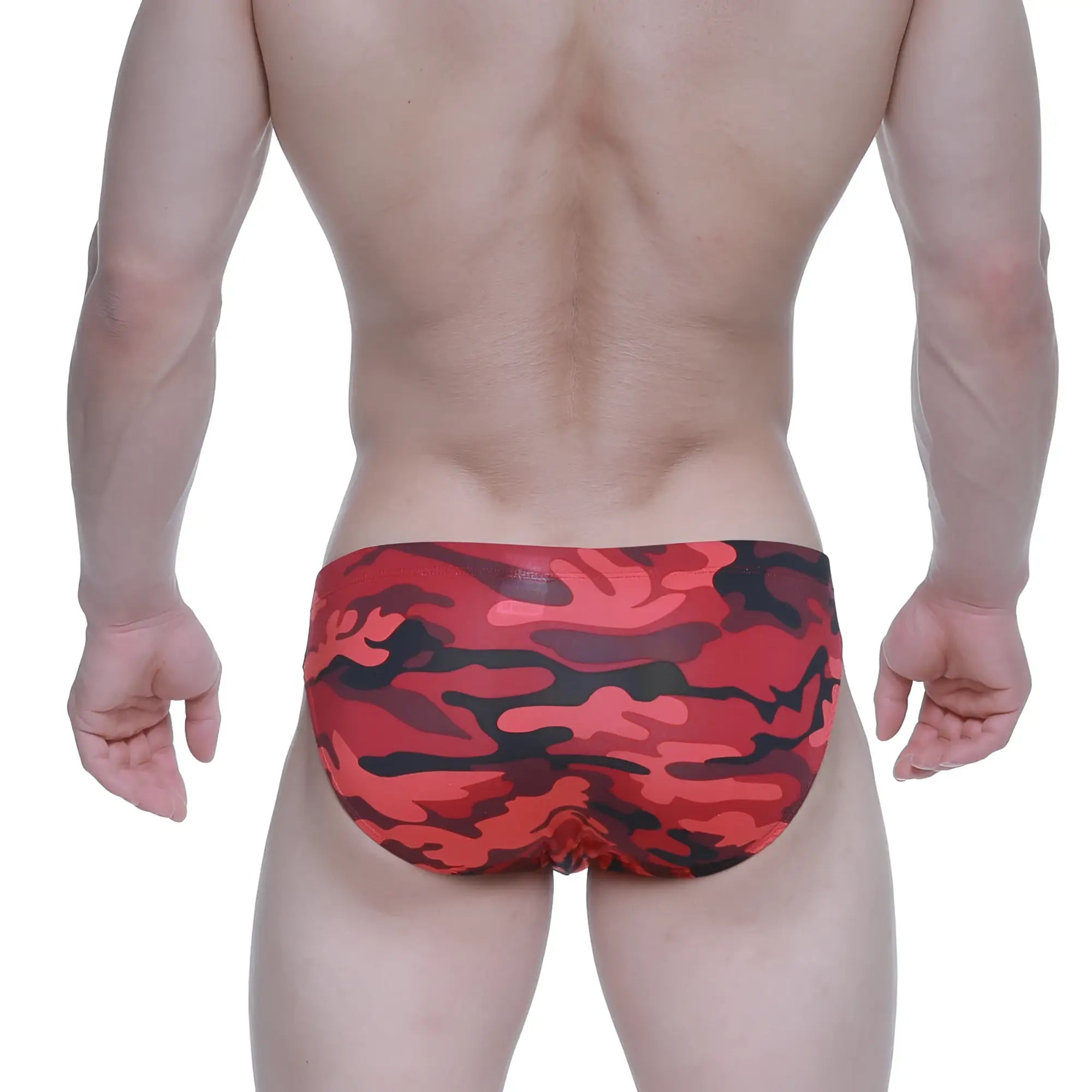 MetroMaleWear urban camo bikini 5103-M90 red and black camouflage swim trunks with lightweight quick-dry fabric