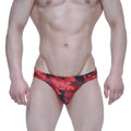 Red and black camouflage pattern mens briefs with brand logo on waistband metro malewear urban camo bikini 5103-m90