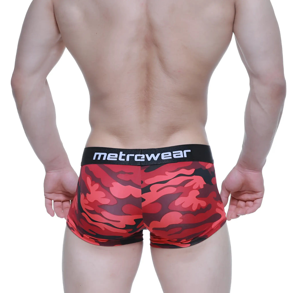 MetroMaleWear urban camo trunk 2026-90 red and black camouflage men’s briefs with black waistband and metrewear logo
