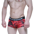 Red and black camouflage patterned men’s boxer briefs with black waistband and metromalewear logo metro male wear urban camo trunk 2026-90