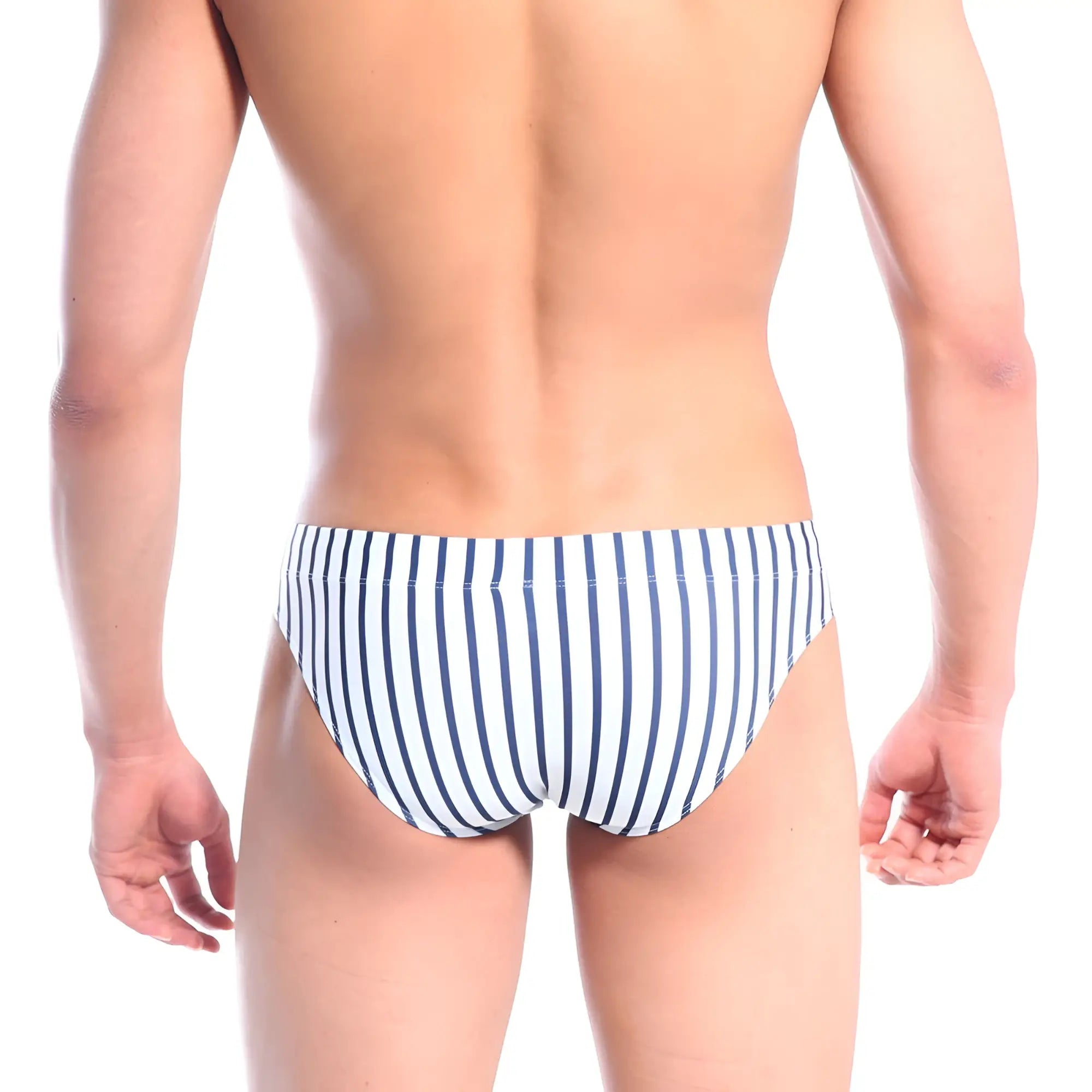 MetroMaleWear urban swim brief in blue and white stripes designed for men’s swimwear with comfortable fit