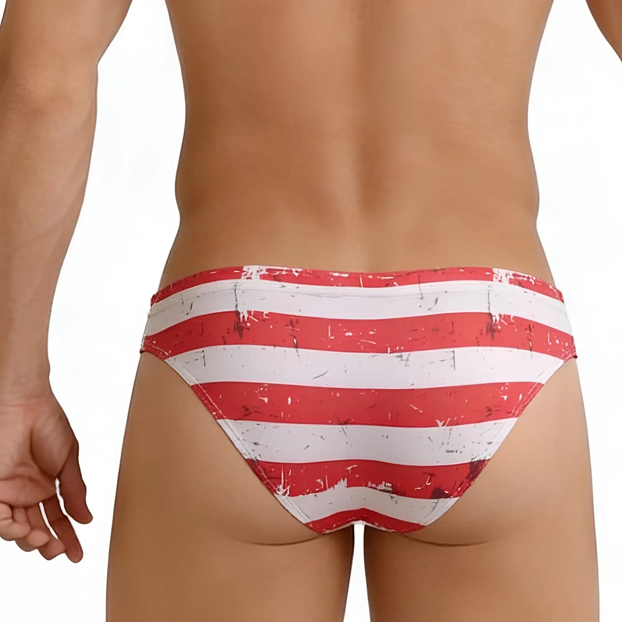 Red and white striped swim trunks with distressed vintage flag design metro malewear usa castro brief 2233-90