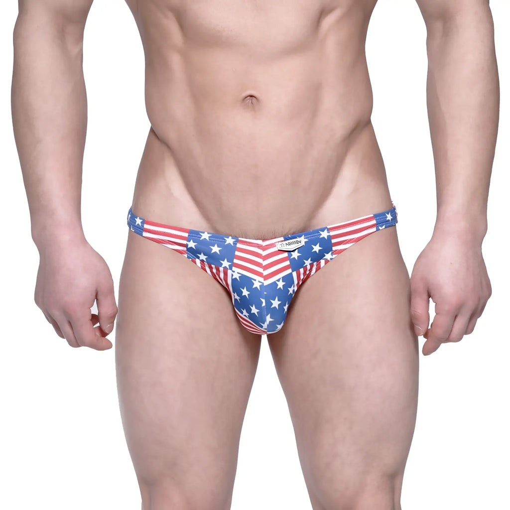 Metro malewear usa hip bikini briefs with bold red white and blue star and stripe pattern for men