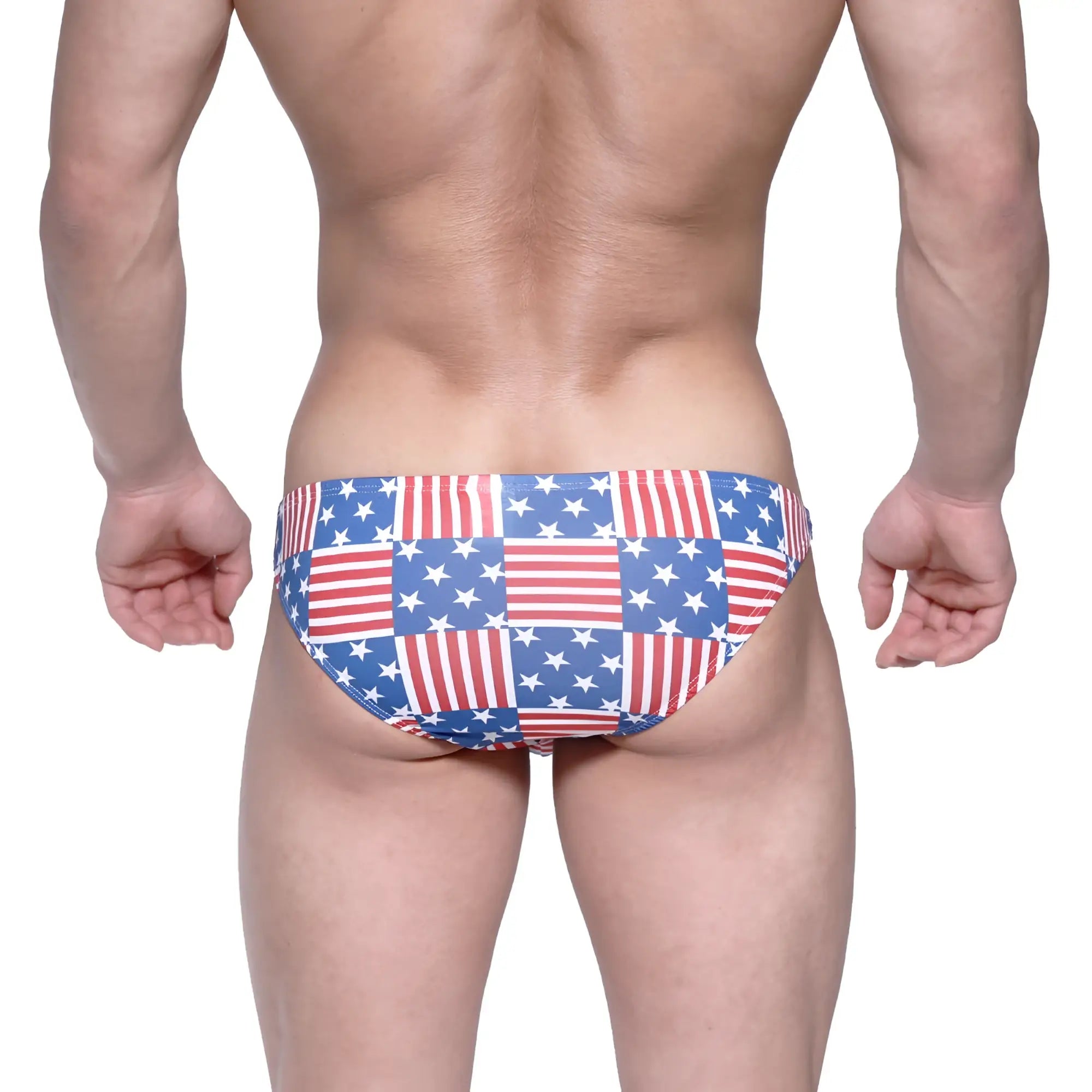 MetroMalewear usa hip bikini swim trunks with red white and blue patchwork american flag design