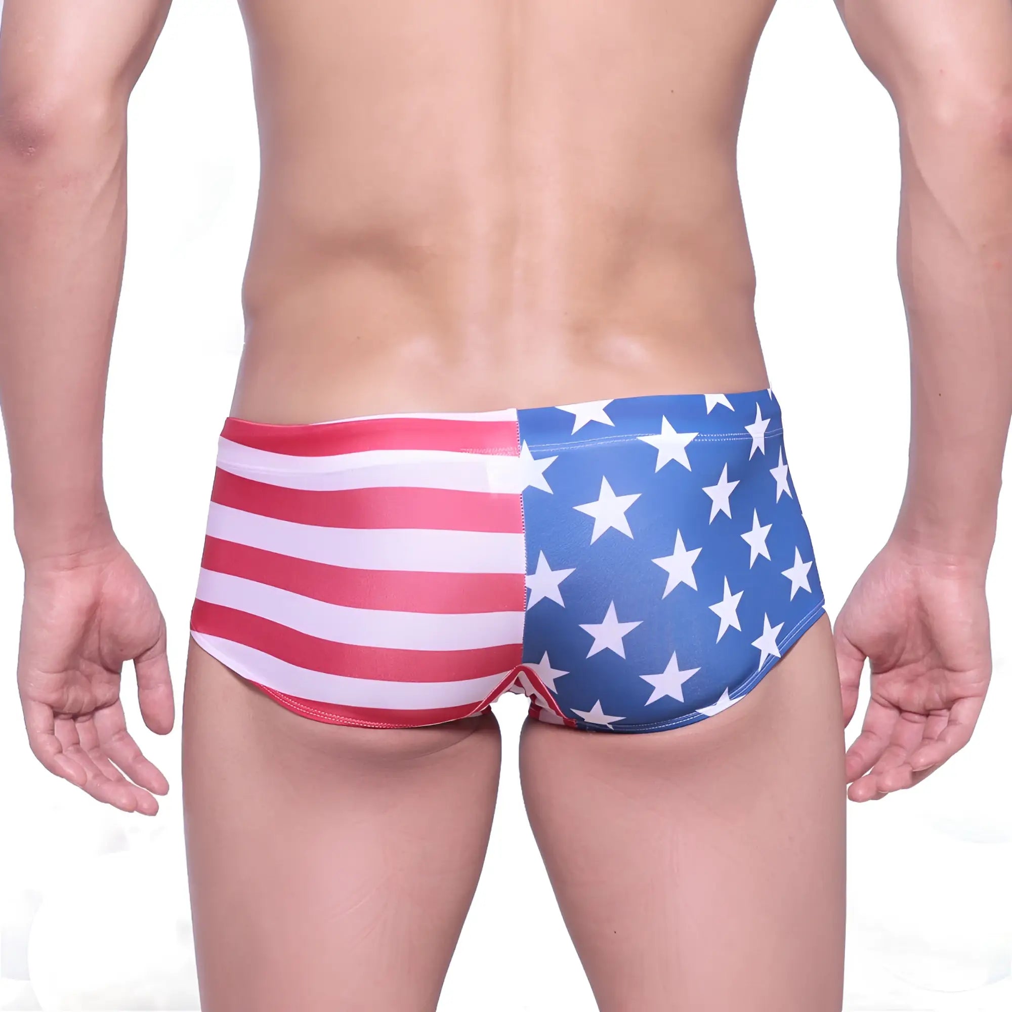 MetroMaleWear USA swim trunk 4938-90 with American flag-themed red white and blue design for casual beachwear