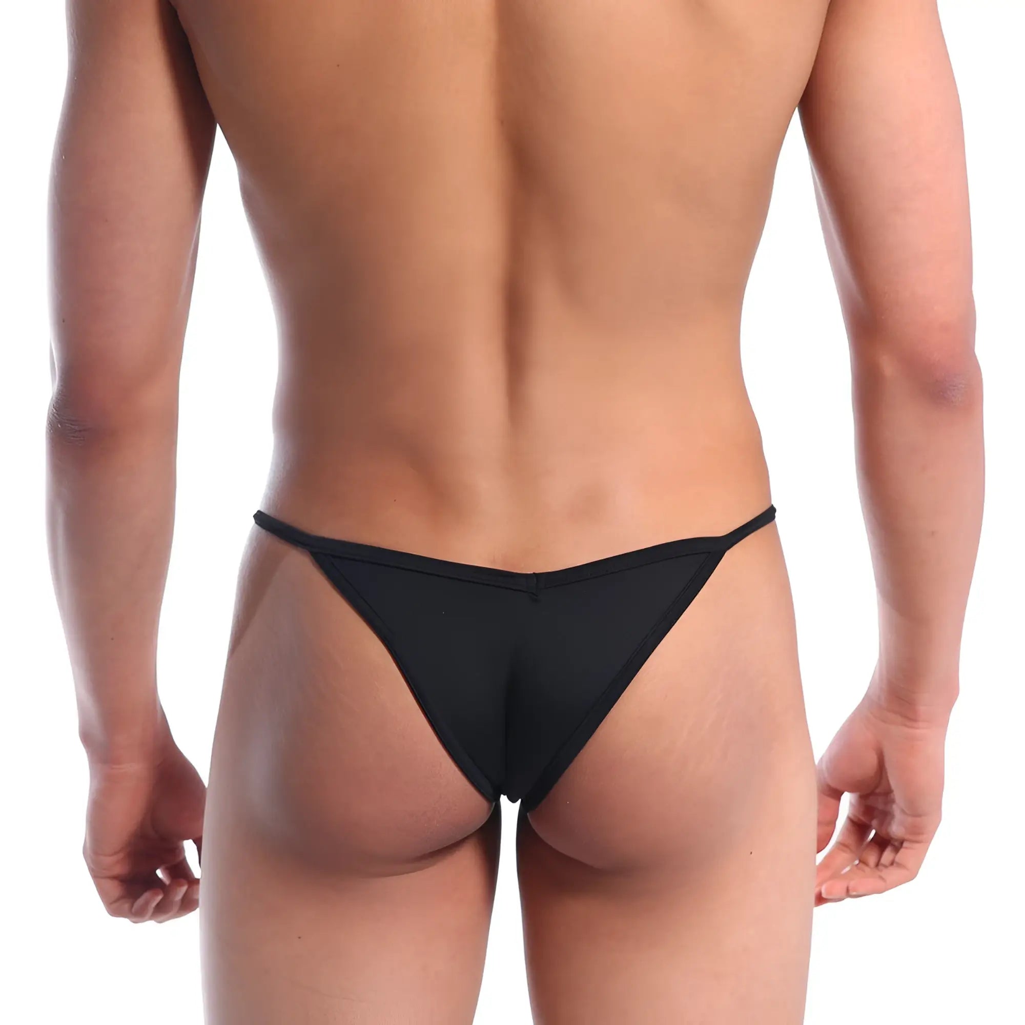 Black sleek form-fitting thong made of smooth stretch fabric metro male wear v bikini black 2225-20 back view