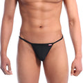 Black thong with thin smooth elastic waistband and small red brand tag on side by metromalewear v bikini black 2225-20