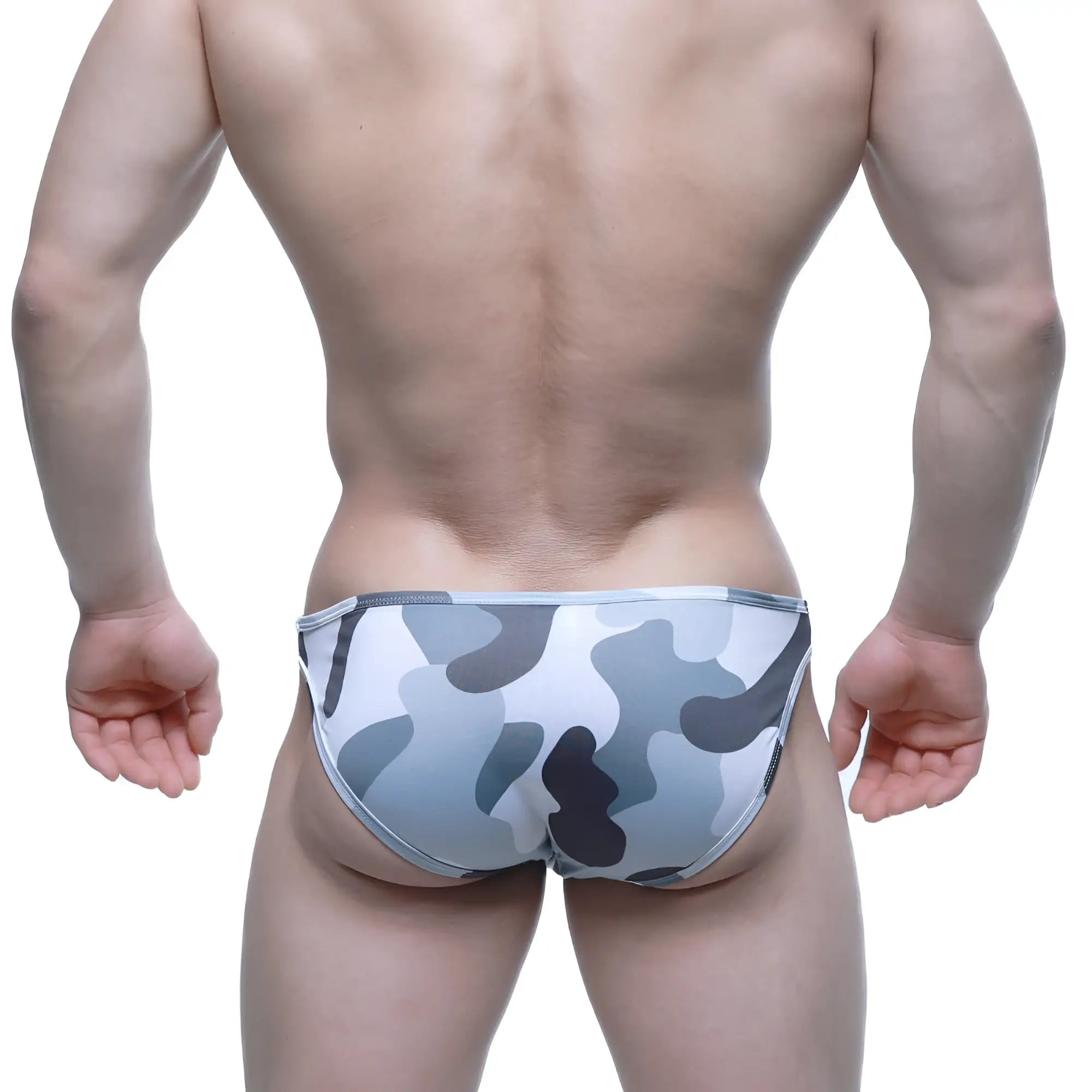 Gray and white camouflage patterned men’s briefs metro male wear vacas bikini gray 5506-90 front view