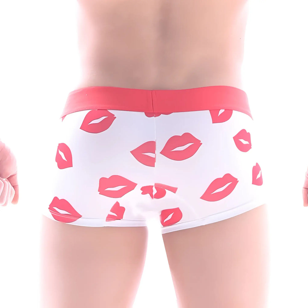 White briefs with pink lipstick prints and coral waistband metroMaleWear valentine short boxer white 7 inch 2022-37